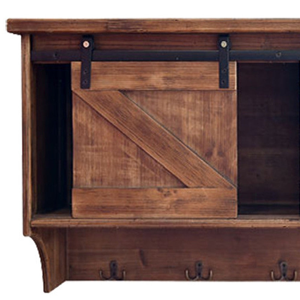 Rustic Wooden Shelf With Barn Door Storage And Hooks