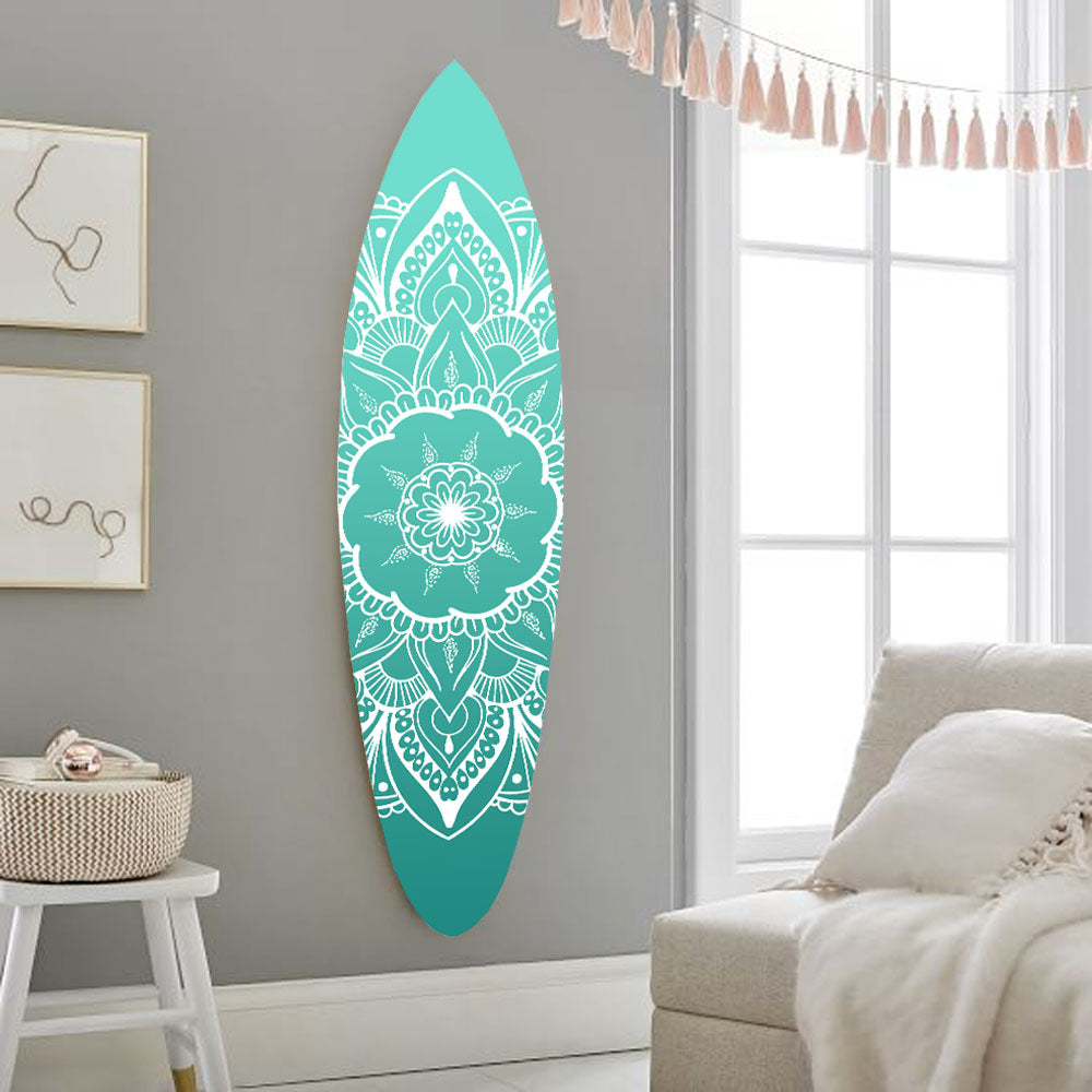 76" X 18" Blue and White Surfboard Floral Medallion Wood Wall Decor