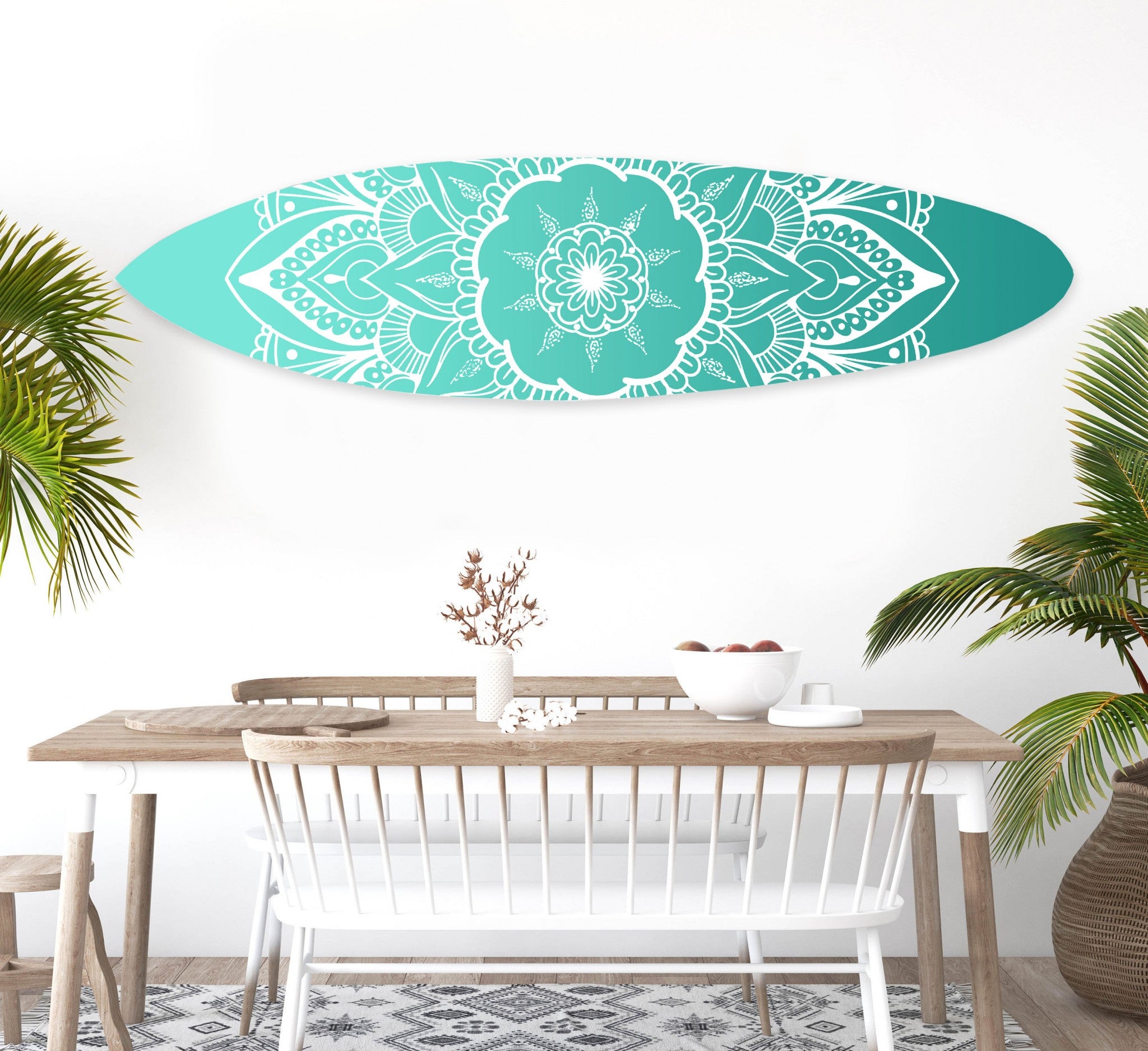 76" X 18" Blue and White Surfboard Floral Medallion Wood Wall Decor