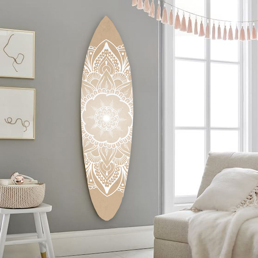 76" X 18" Tan and White Surfboard Floral Medallion Wood Hanging Dimensional Sculpture