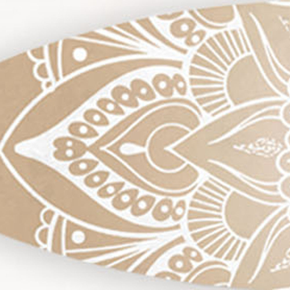 76" X 18" Tan and White Surfboard Floral Medallion Wood Hanging Dimensional Sculpture