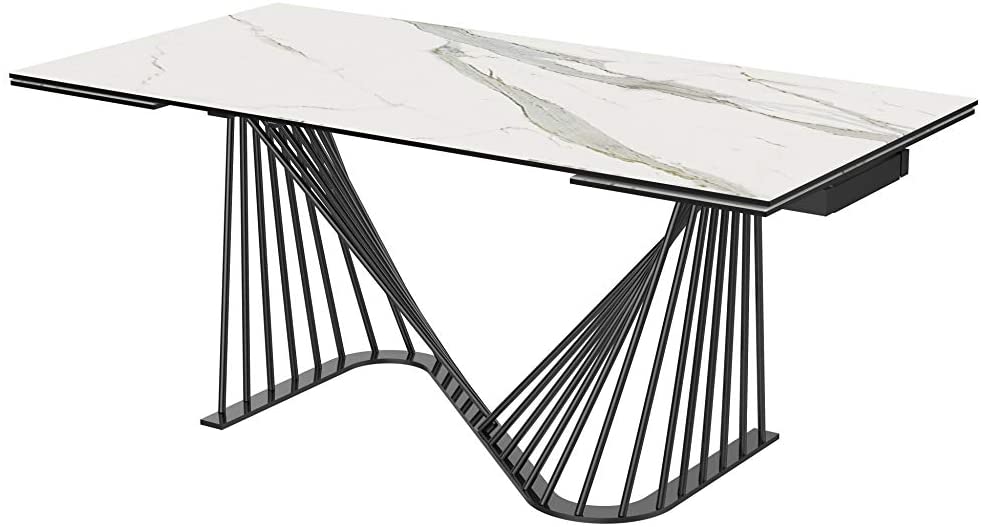 71" White and Black Stone and Iron Self-Storing Leaf Dining Table