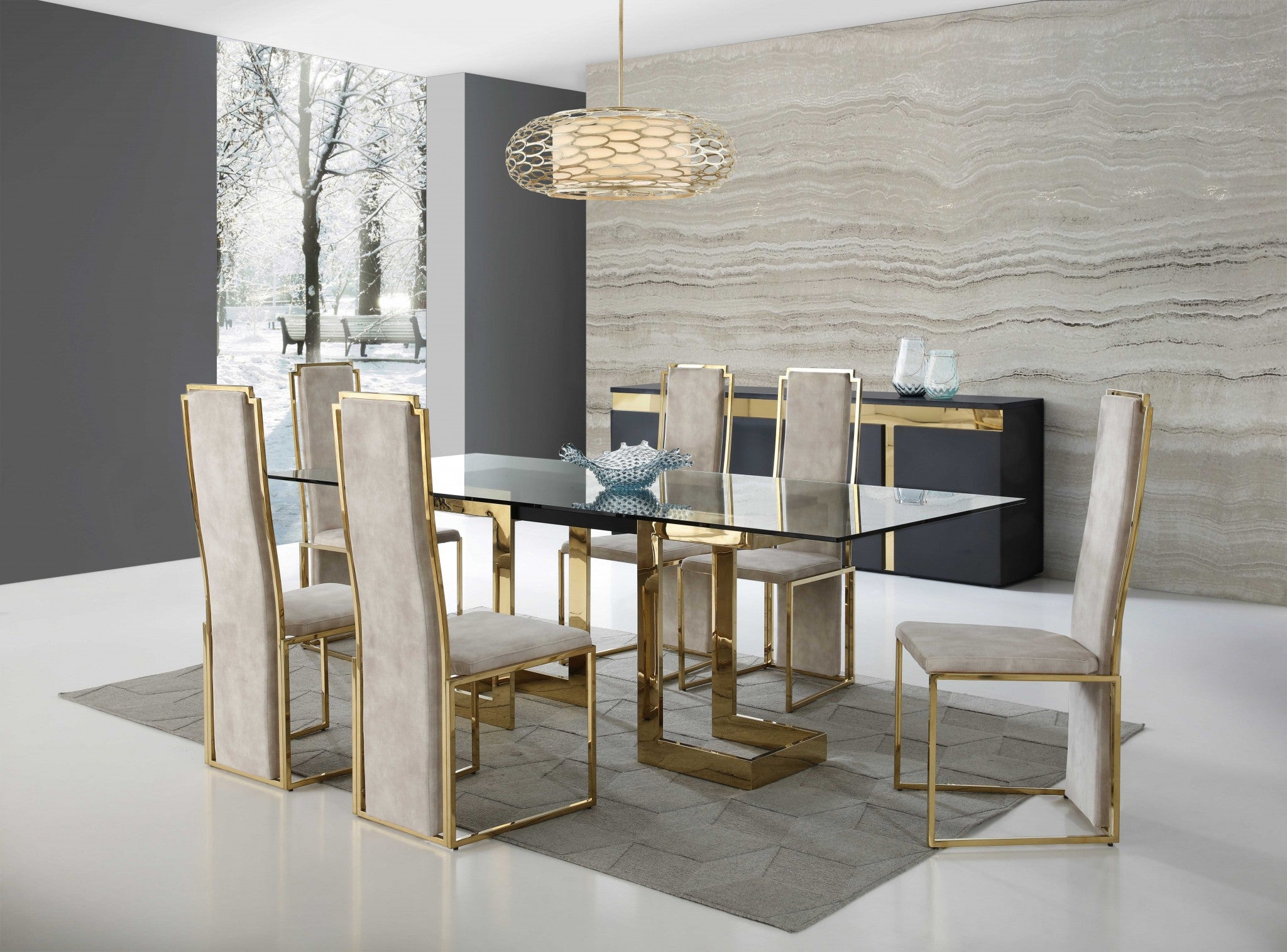 87 X 39 X 30 Polished Gold Glass Stainless Steel Dining Table