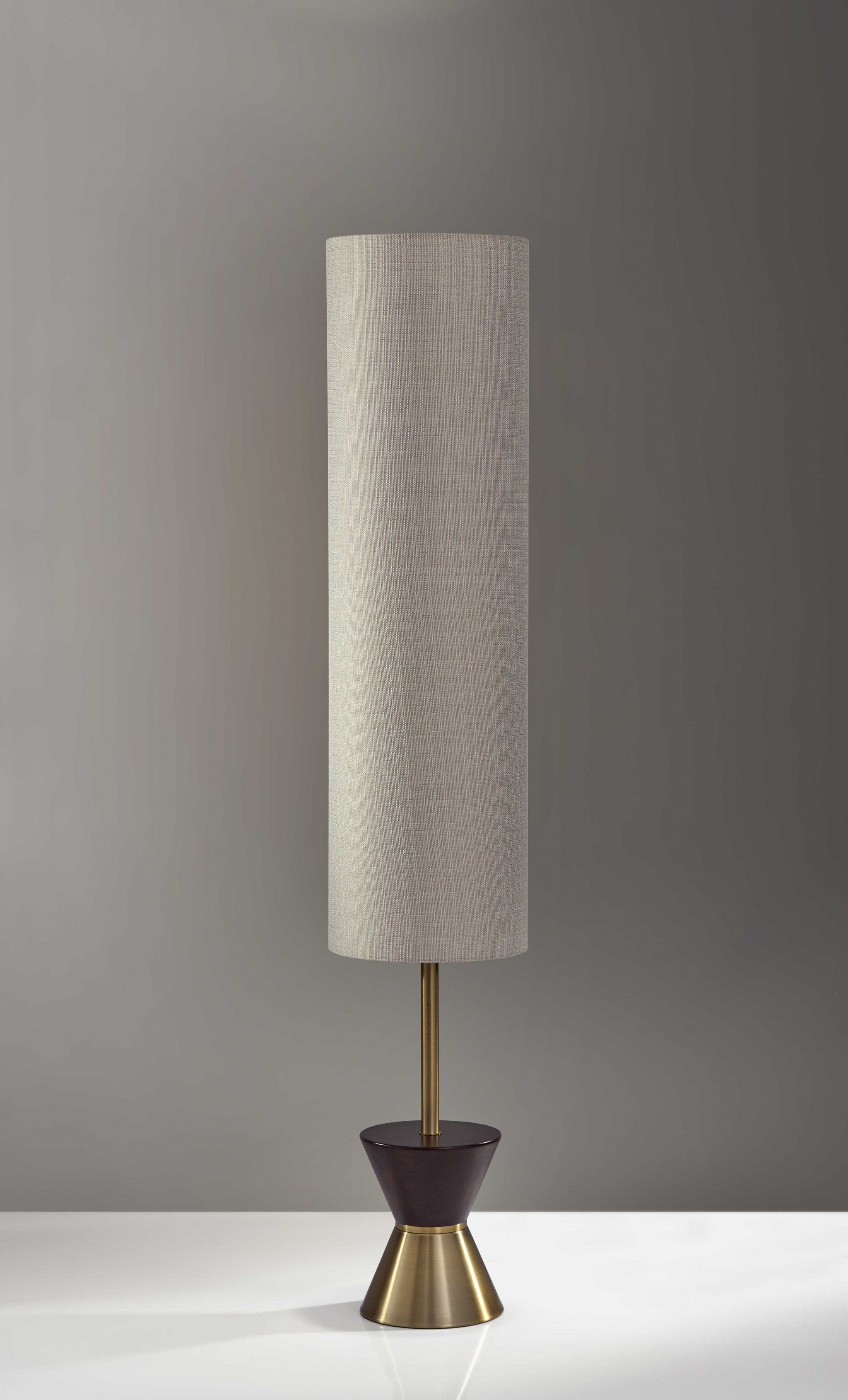 59" Brass And Wood Textured Cylinder Beige Floor Lamp