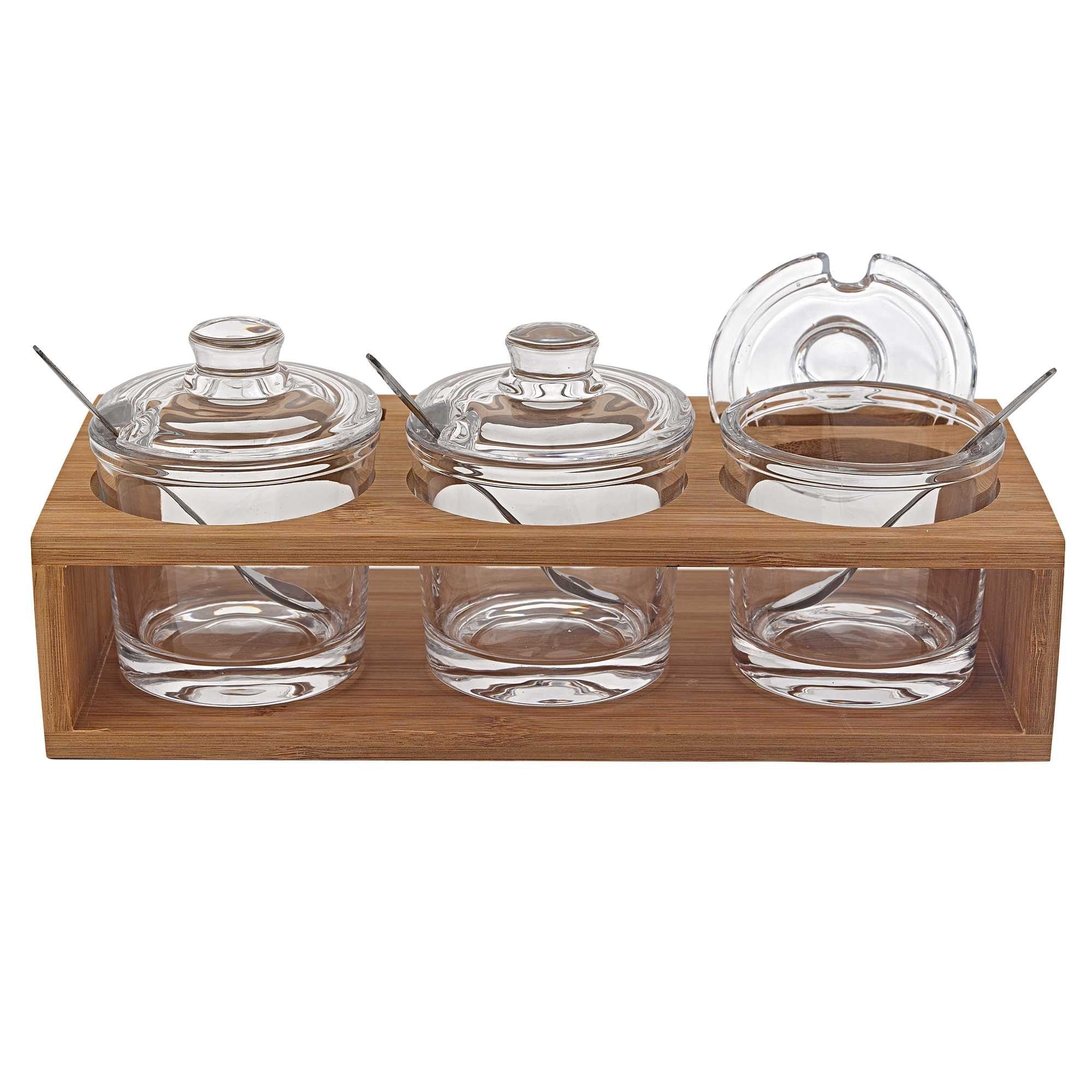 6 Mouth Blown Crystal Jam Set With 3 Glass Jars And Spoons On A Wood Stand