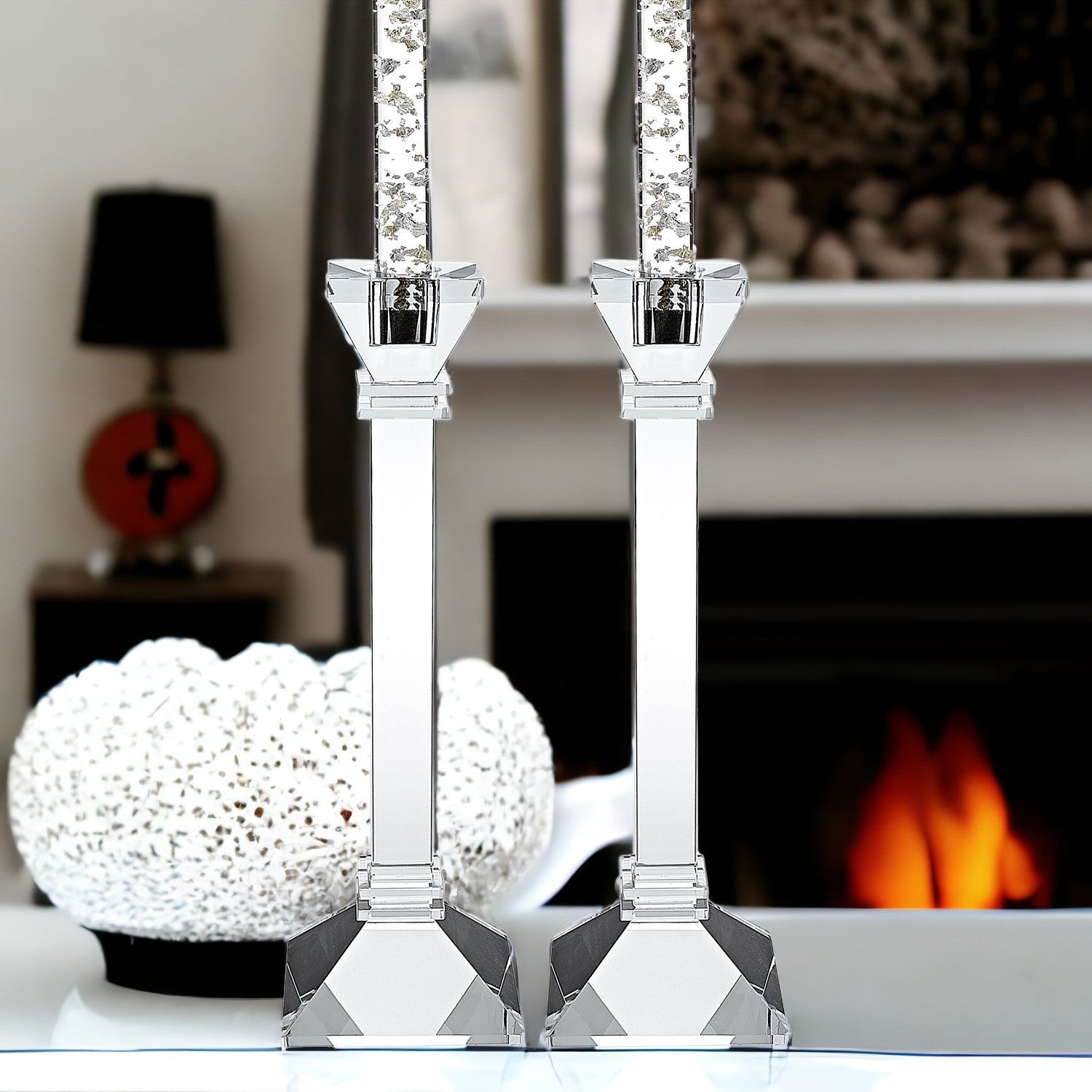 Set of Two Clear Crystal Tabletop Candle Holders