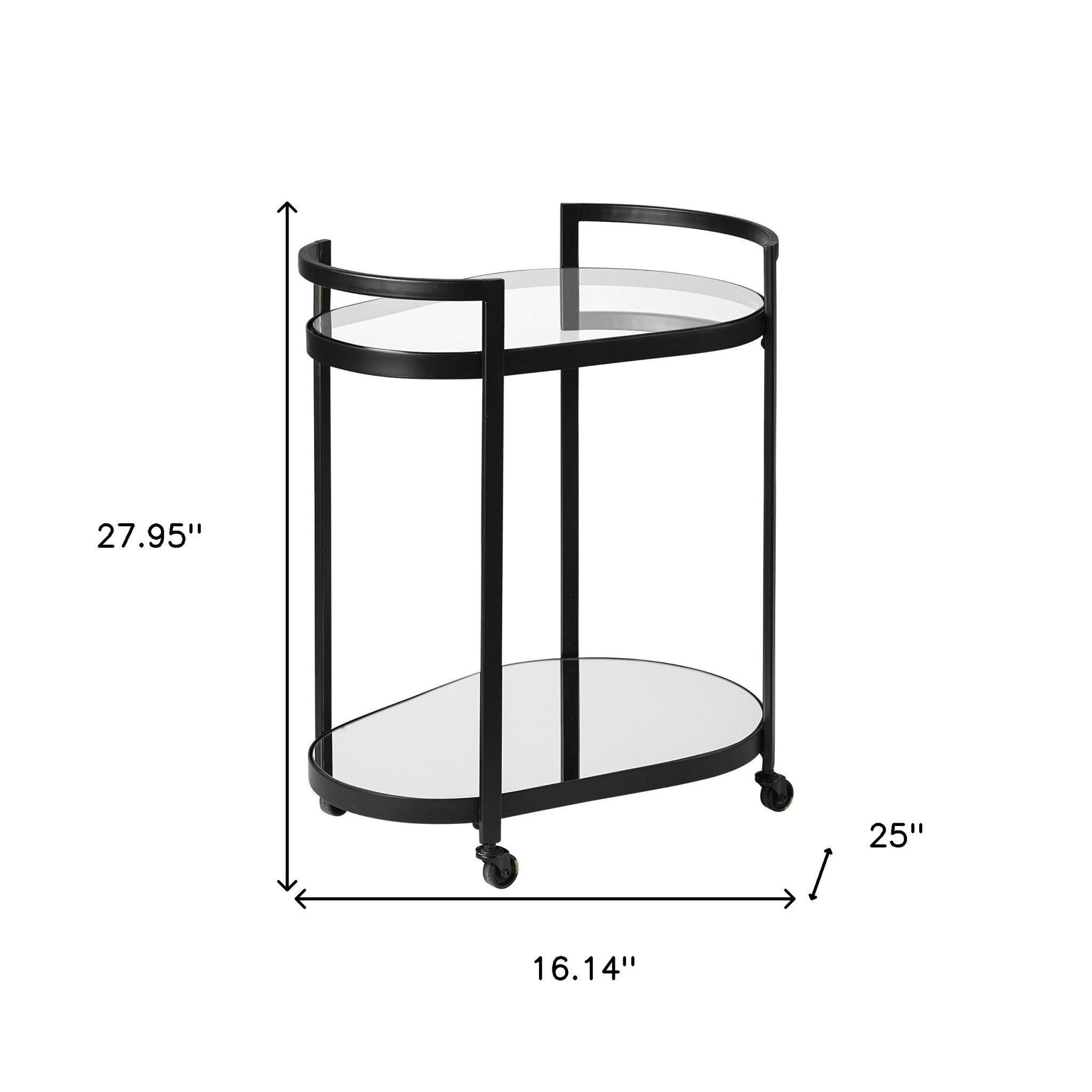 Cyclider Black Metal With Two Mirror Glass Shelves Bar Cart
