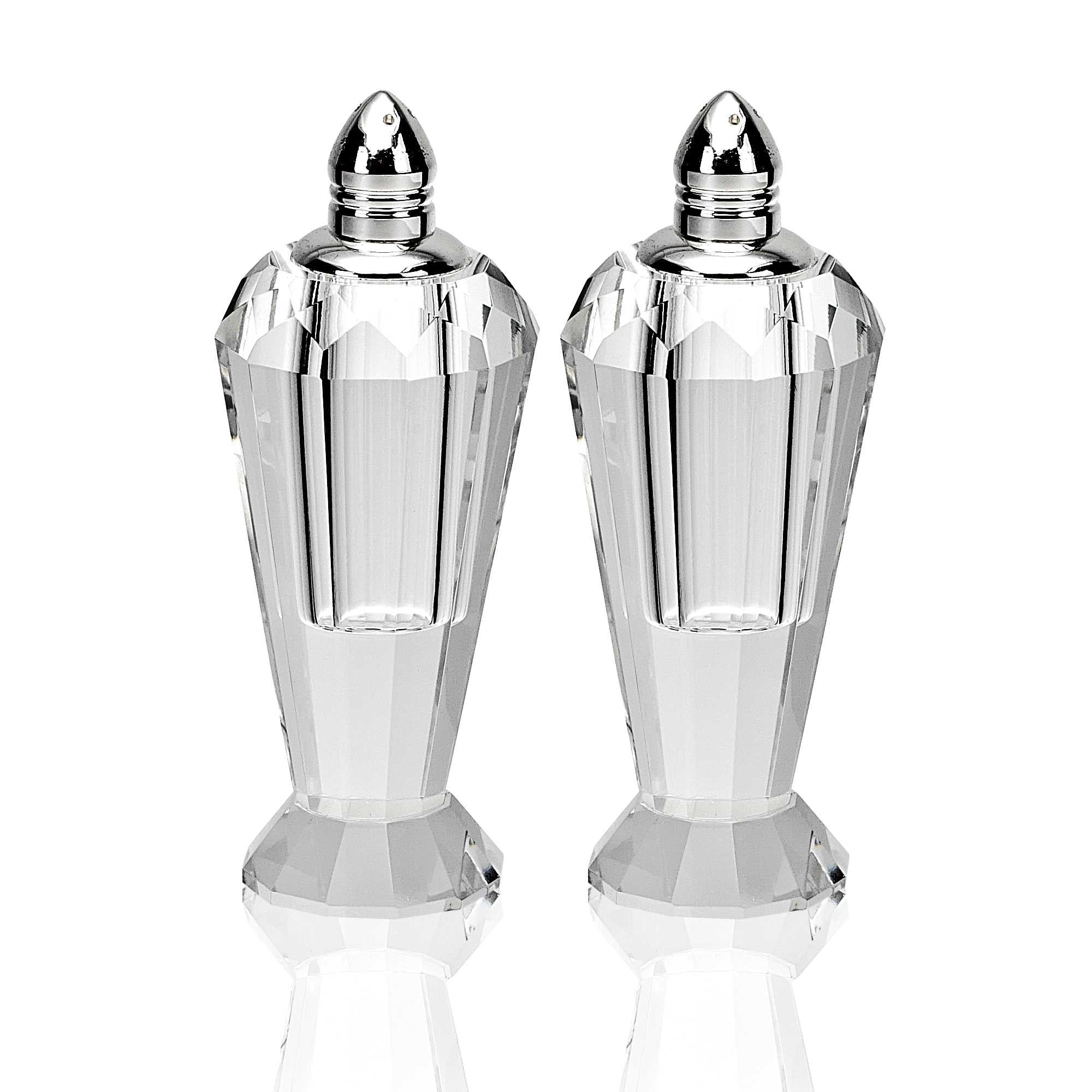 Handcrafted Optical Crystal And Silver Pair Of Salt And Pepper Shakers