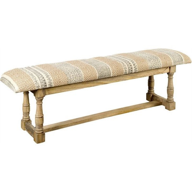 59" Beige Orange and Brown Geometric Upholstered Jute Accent Bench