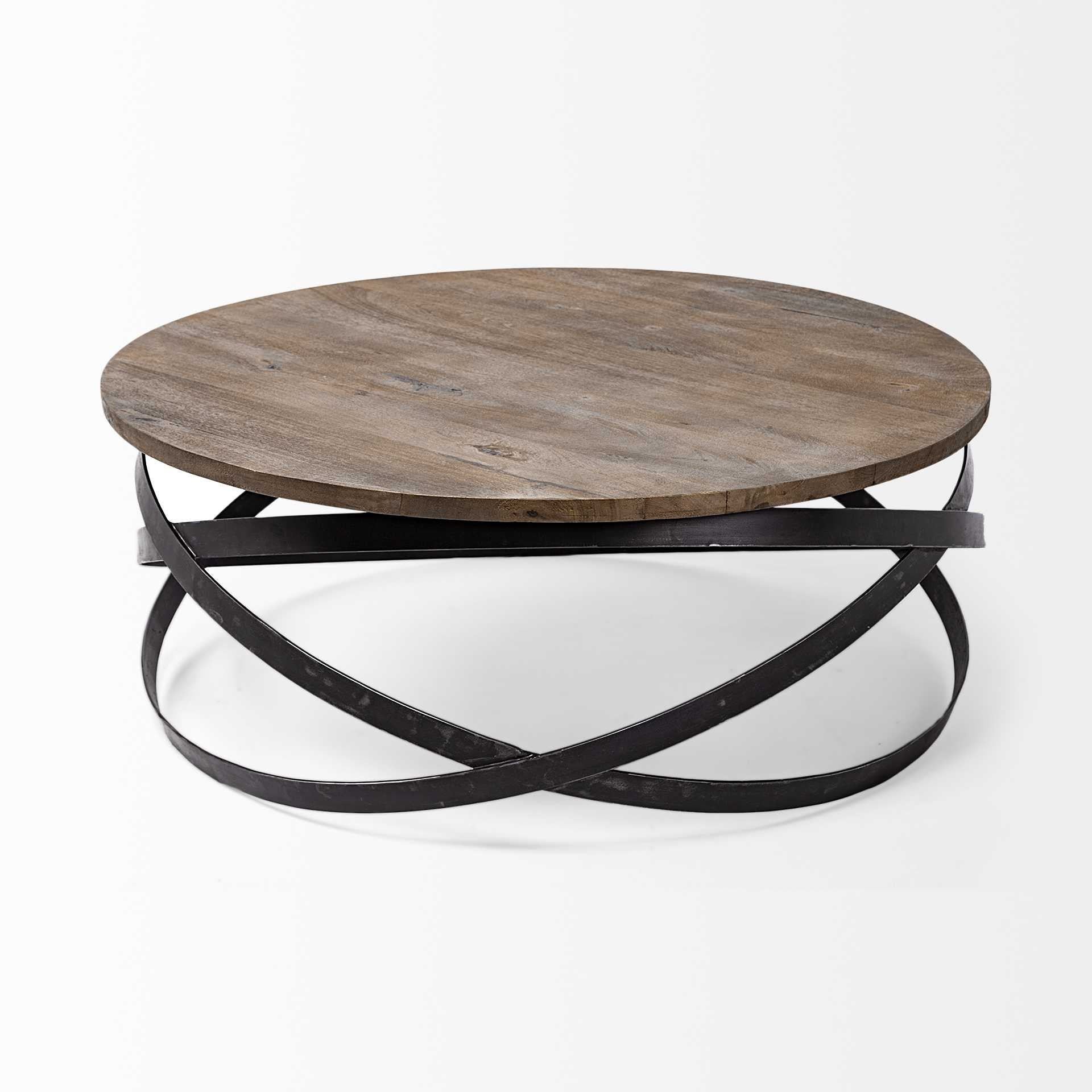 41" Brown And Black Solid Wood And Metal Round Coffee Table