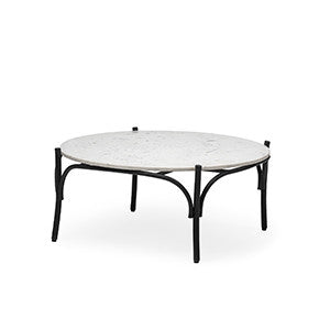 36" Brown and Black Wood and Metal Round Coffee Table