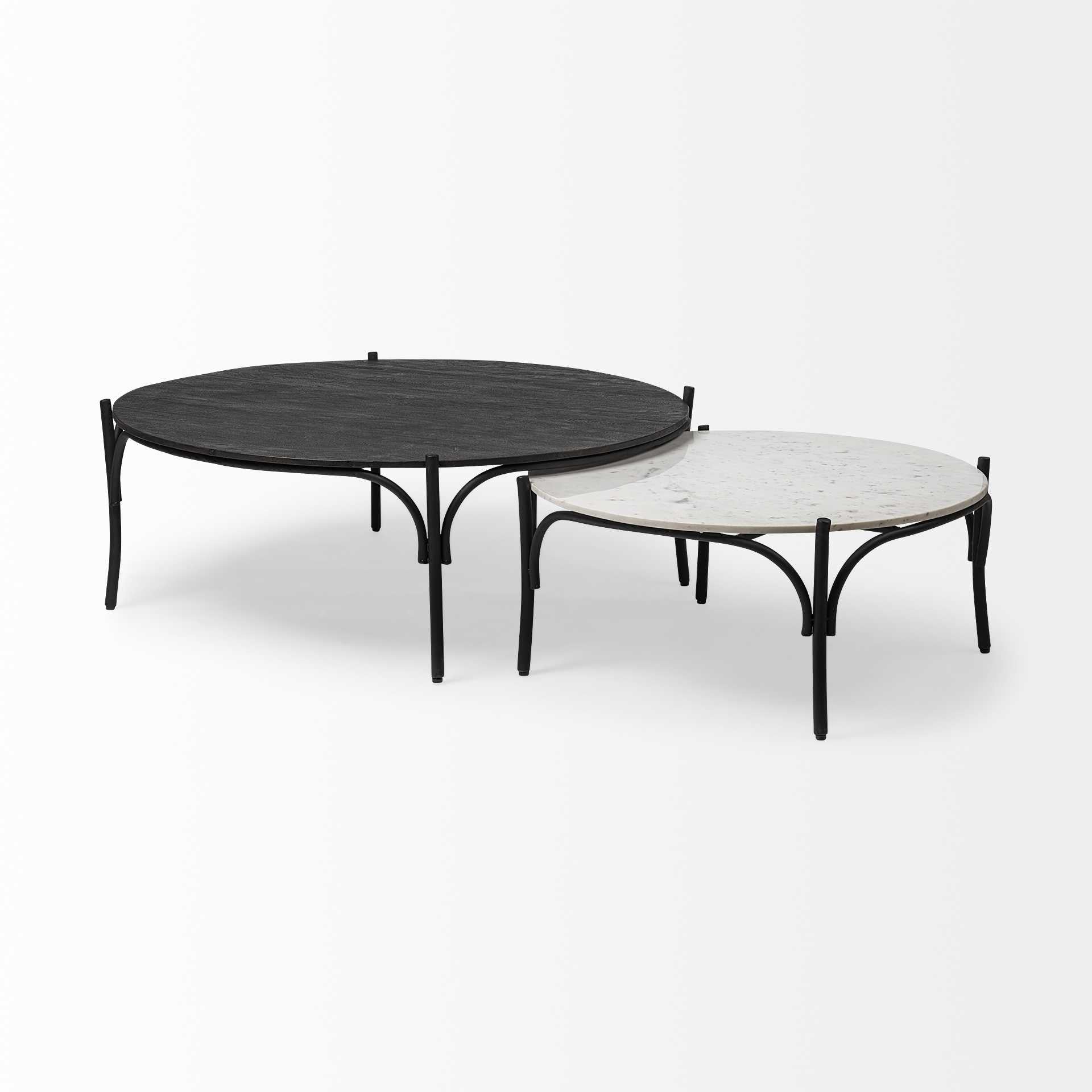 36" Round White Marble Top Black And Metal Base Coffee Table