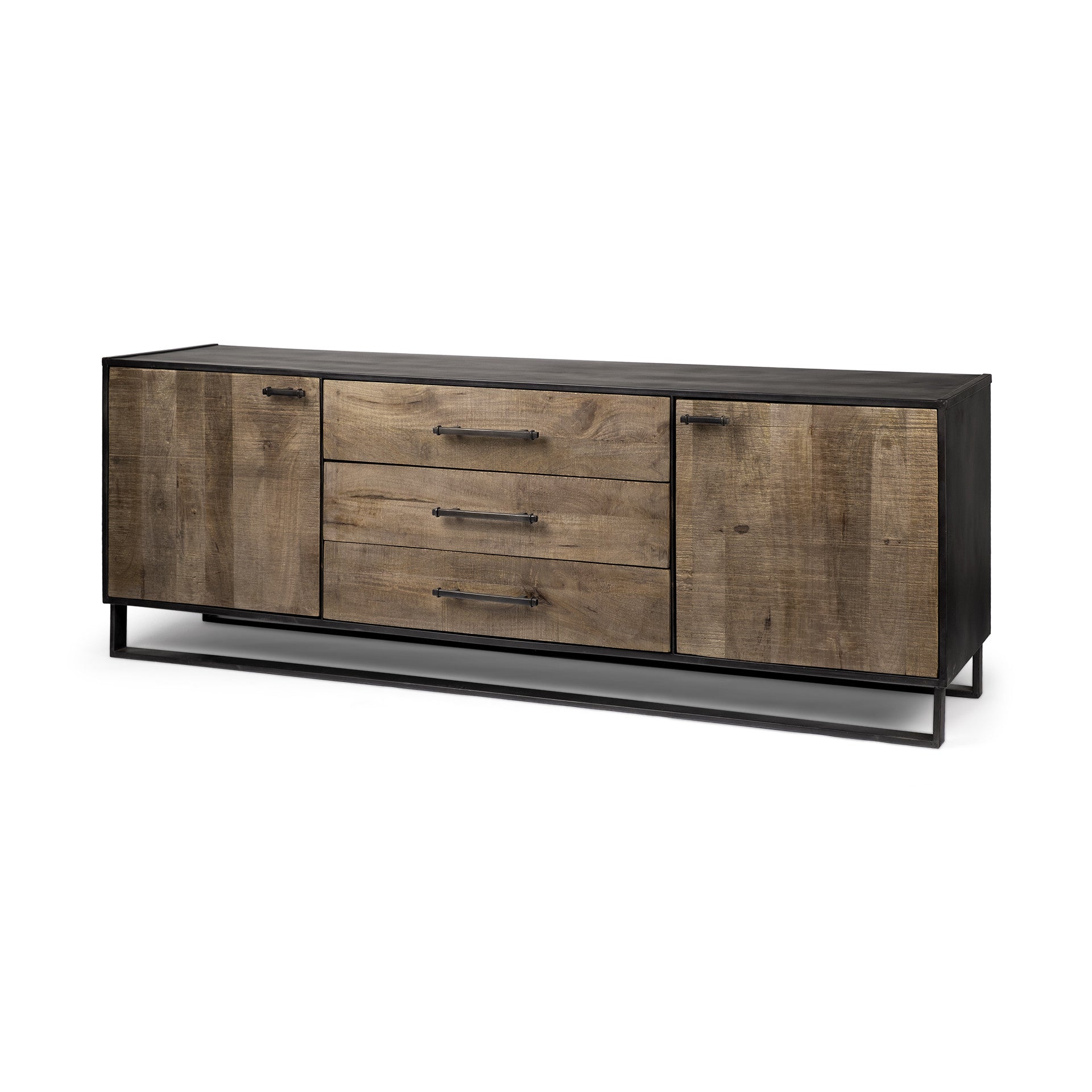 82" Brown and Black Solid Wood Three Drawer Sideboard with Two Doors