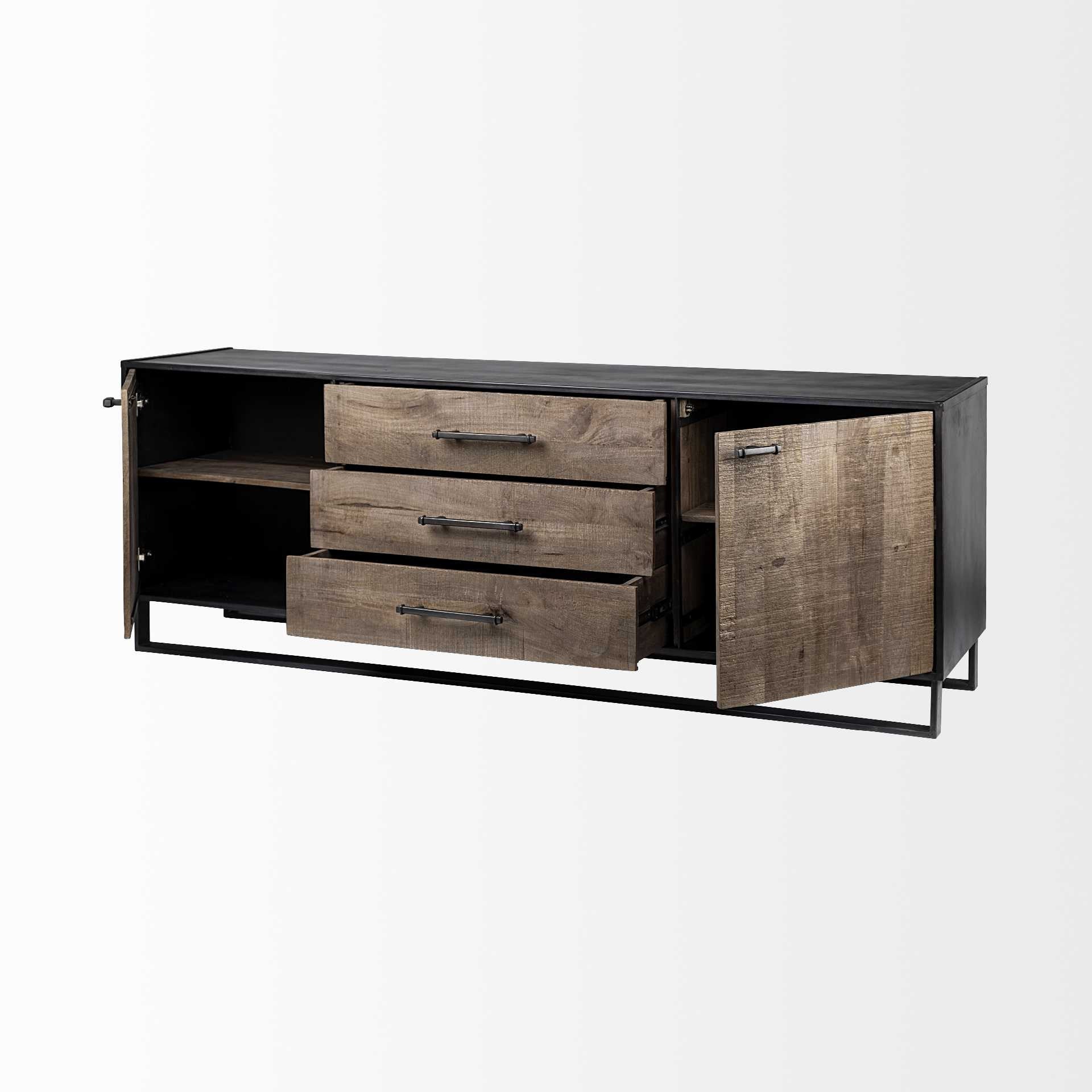 82" Brown and Black Solid Wood Three Drawer Sideboard with Two Doors