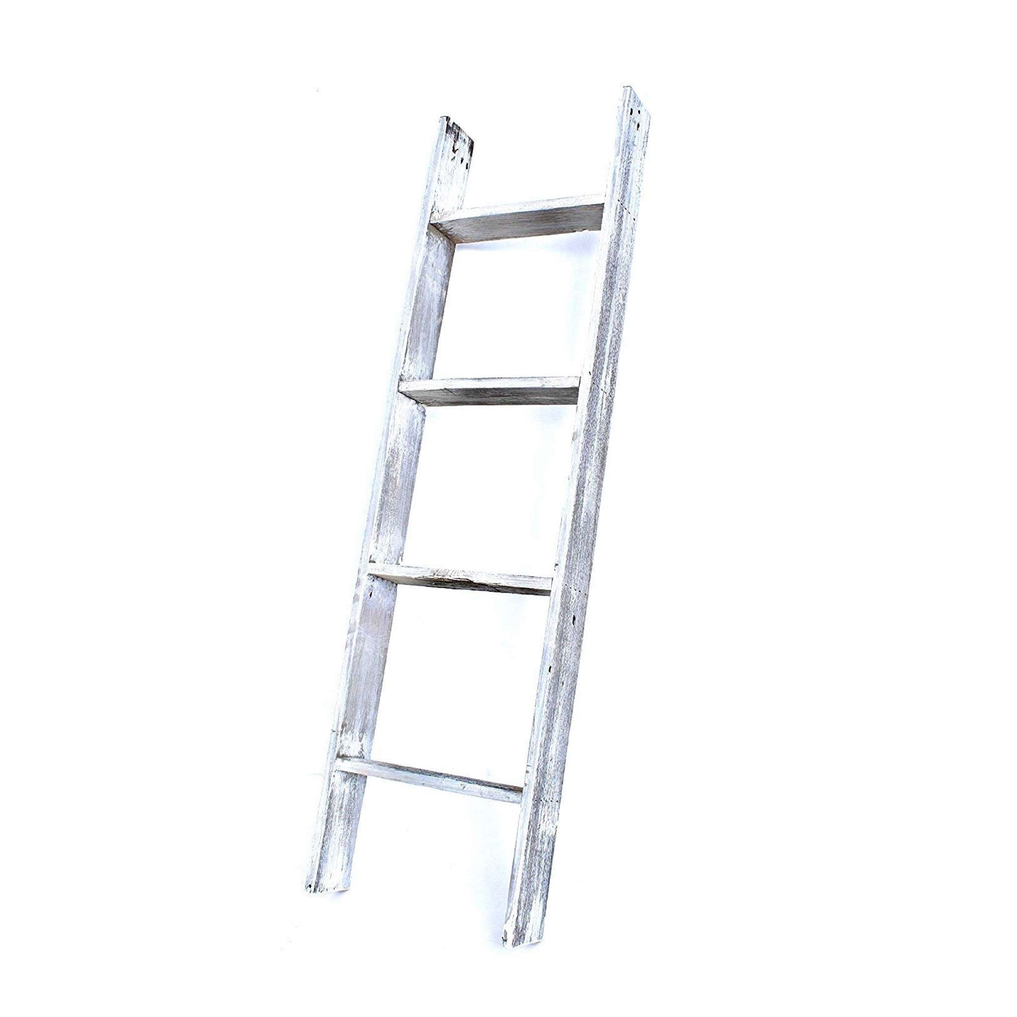 49" Whitewash Rustic Four Step Wood Ladder Shelf