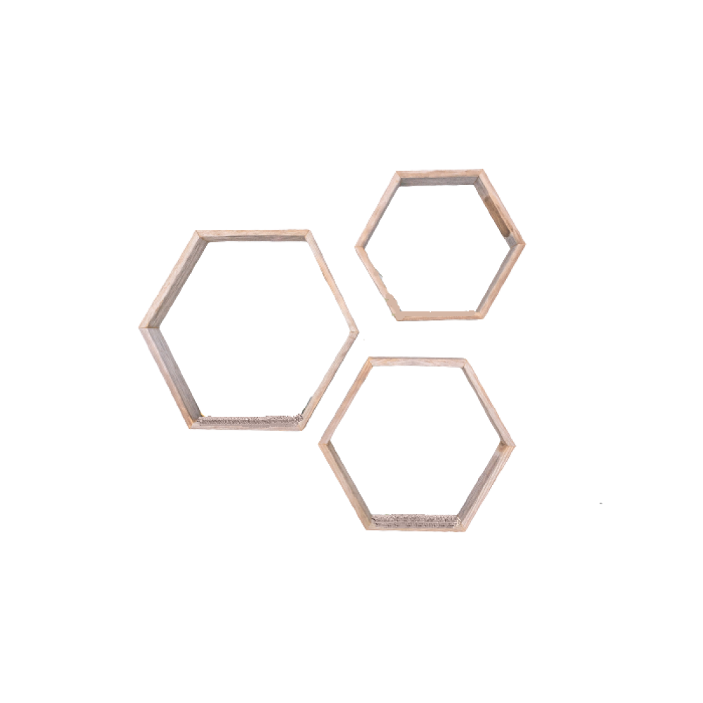 Set Of 3 Hexagon Rustic Natural Weathered Grey Wood Open Box Shelve