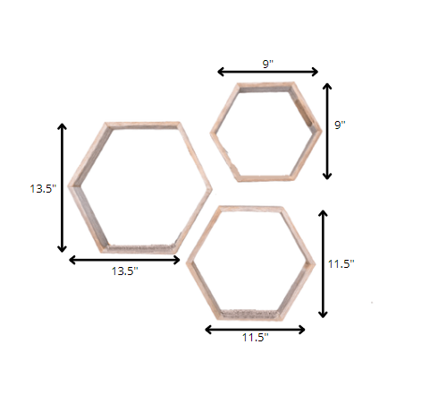 Set Of 3 Hexagon Rustic Natural Weathered Grey Wood Open Box Shelve