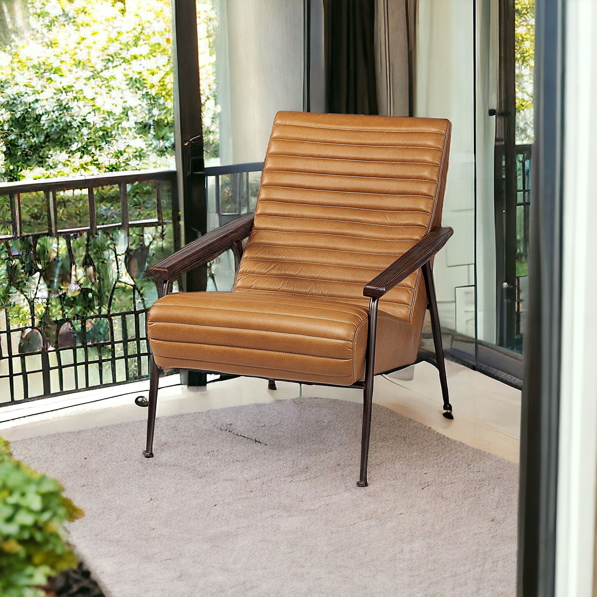 37" Tan And Black Faux Leather Tufted Lounge Chair