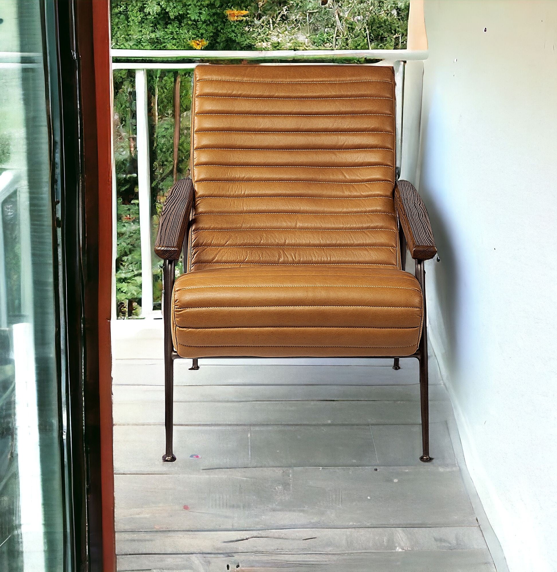 37" Tan And Black Faux Leather Tufted Lounge Chair