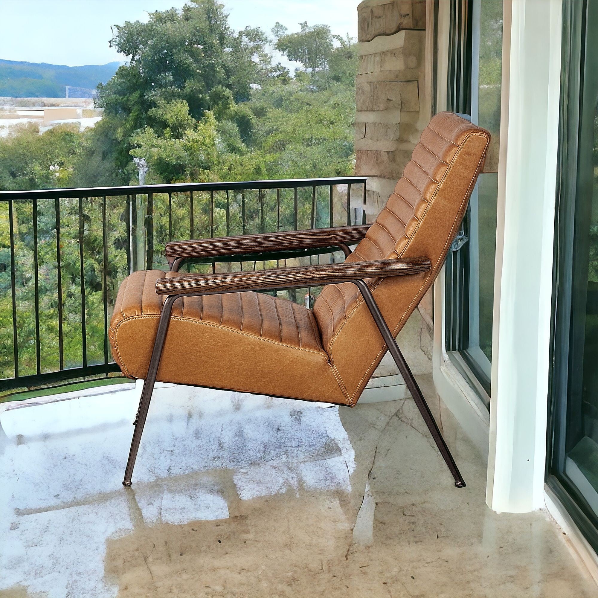 37" Tan And Black Faux Leather Tufted Lounge Chair