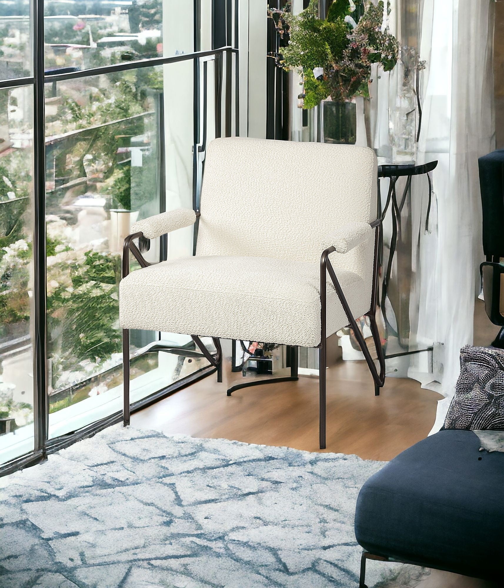 31" Off White And Brown Fabric Arm Chair