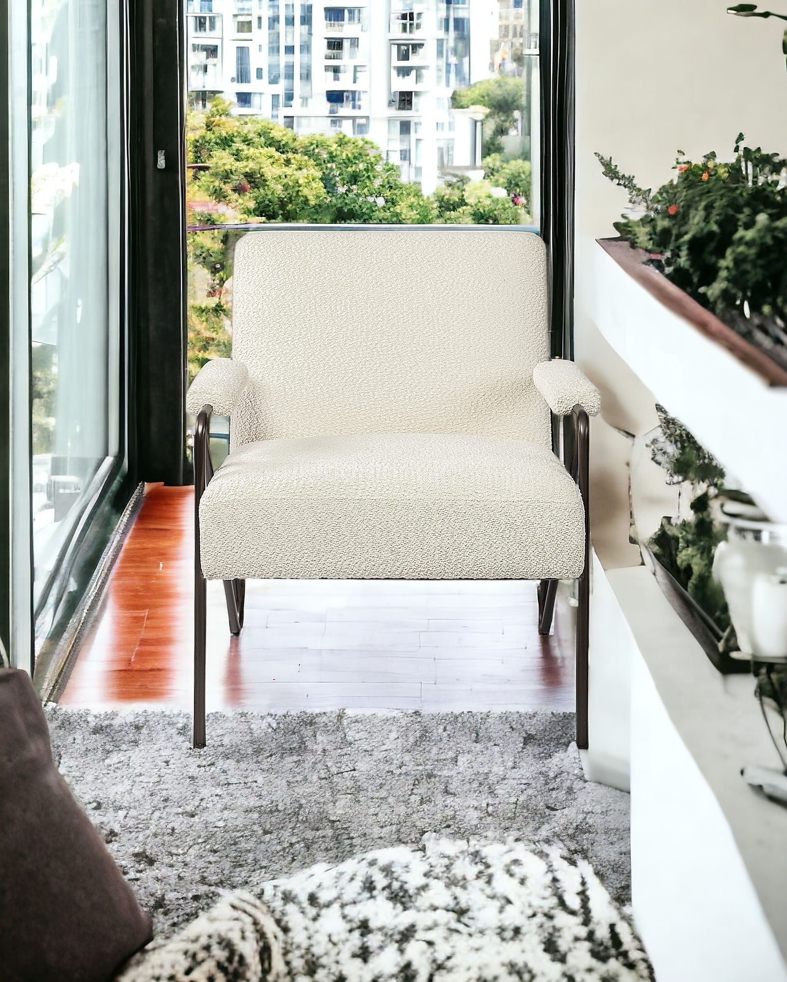 31" Off White And Brown Fabric Arm Chair