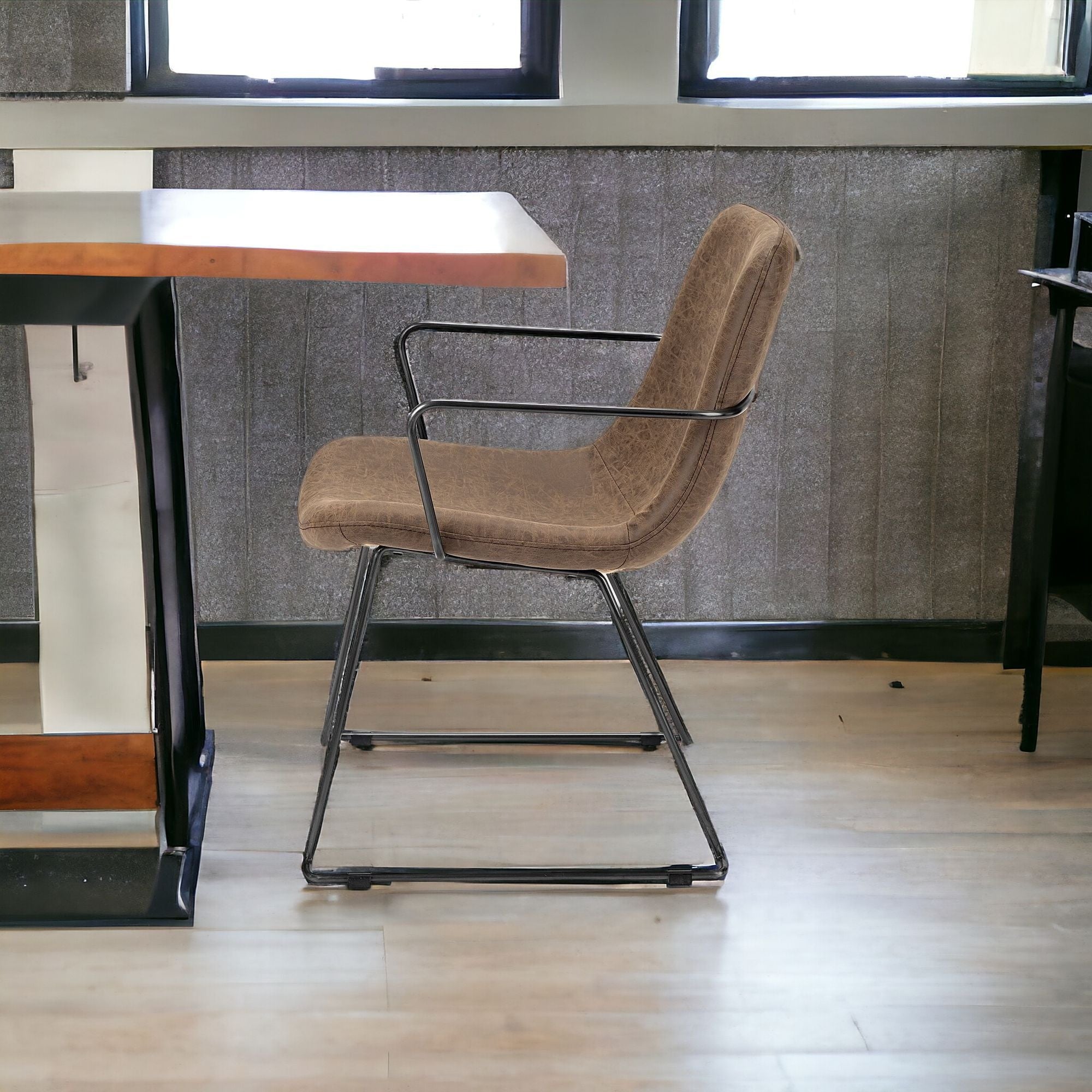 Brown And Black Upholstered Faux Leather Dining Arm Chair