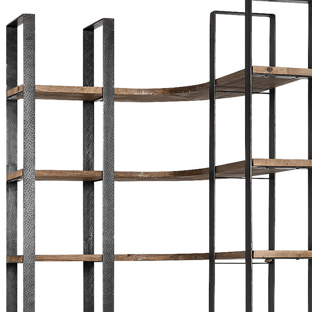 Curved Dark Brown Wood And Black Iron 6 Shelving Unit