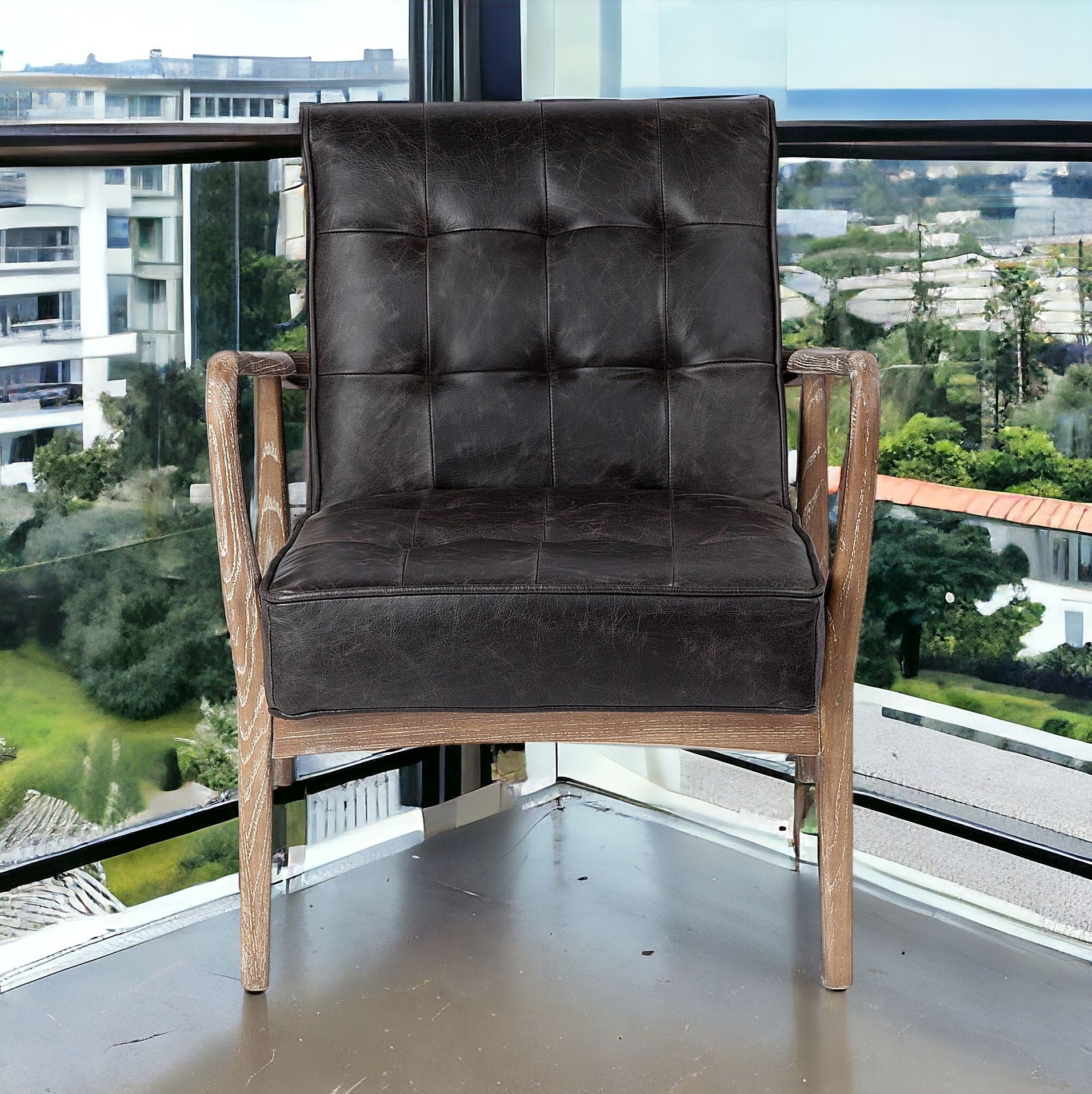 Black Leather Accent Chair With Wrapped Ash Wood Frame