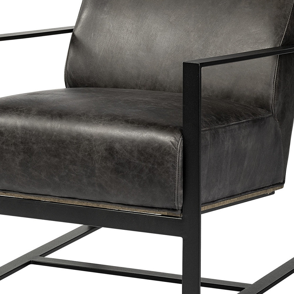 Ebony Genuine Leather Wrapped Accent Chair With Metal Frame