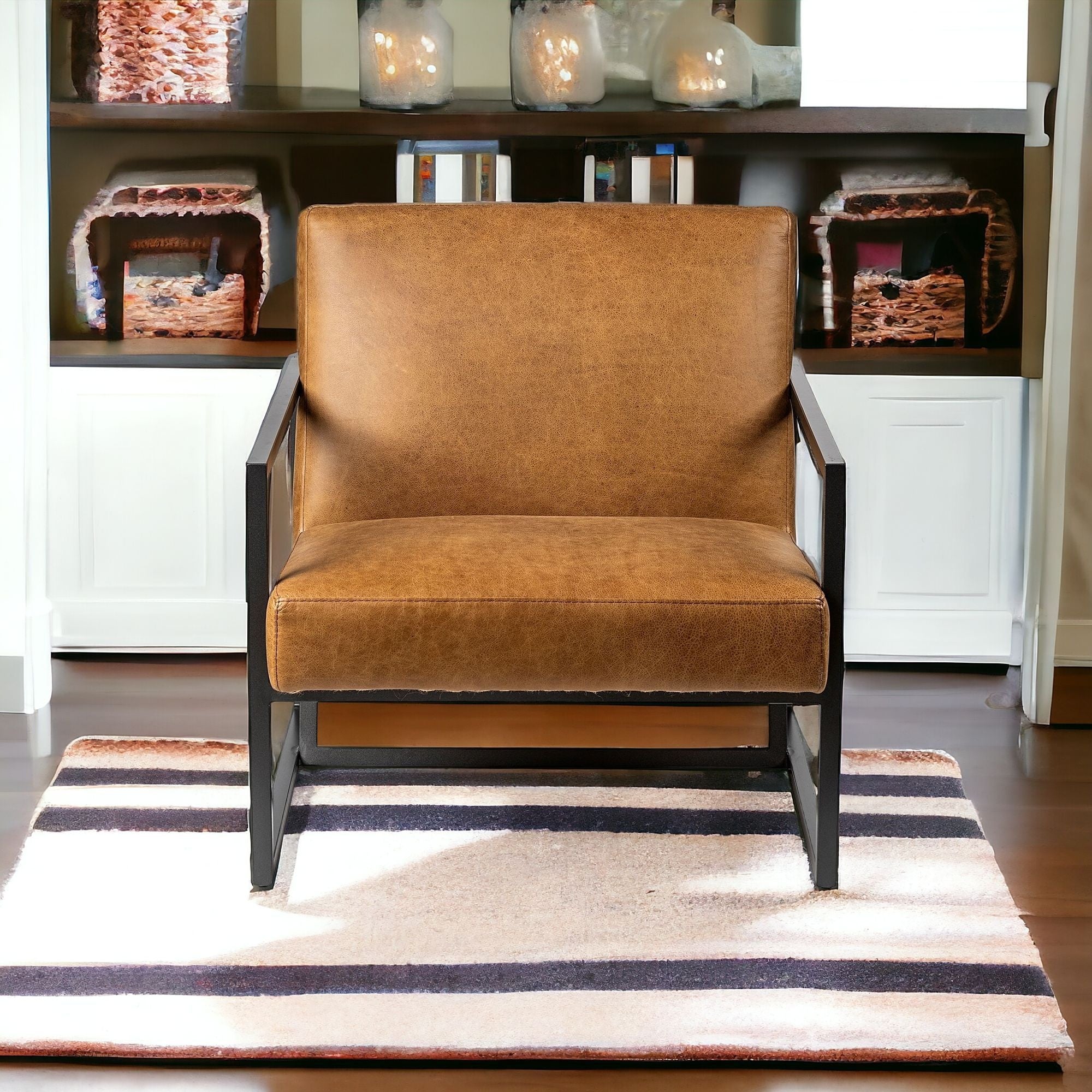 32" Brown And Black Faux Leather Distressed Arm Chair