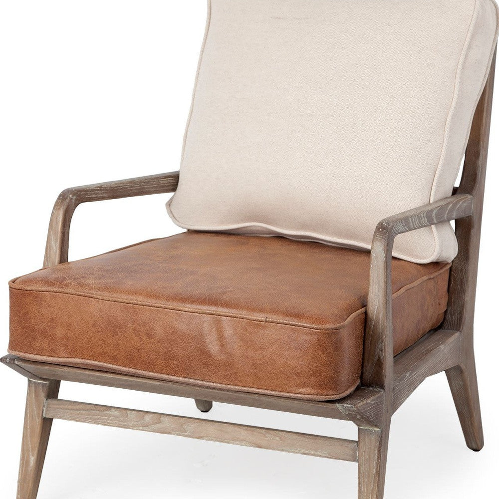 24" Beige and Brown Leather Arm Chair