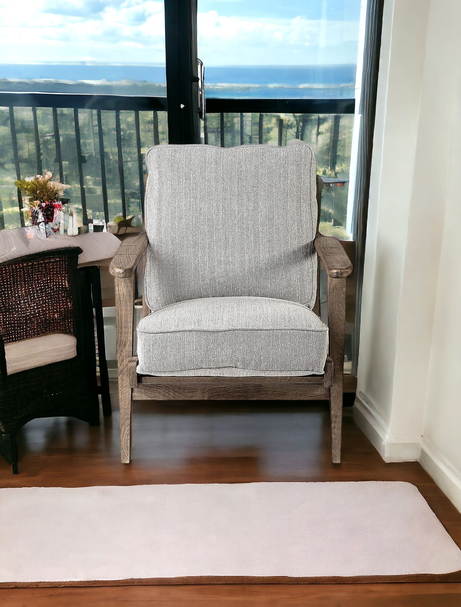 Frost Grey Fabric Wrapped Honey Wooden Frame Accent Chair