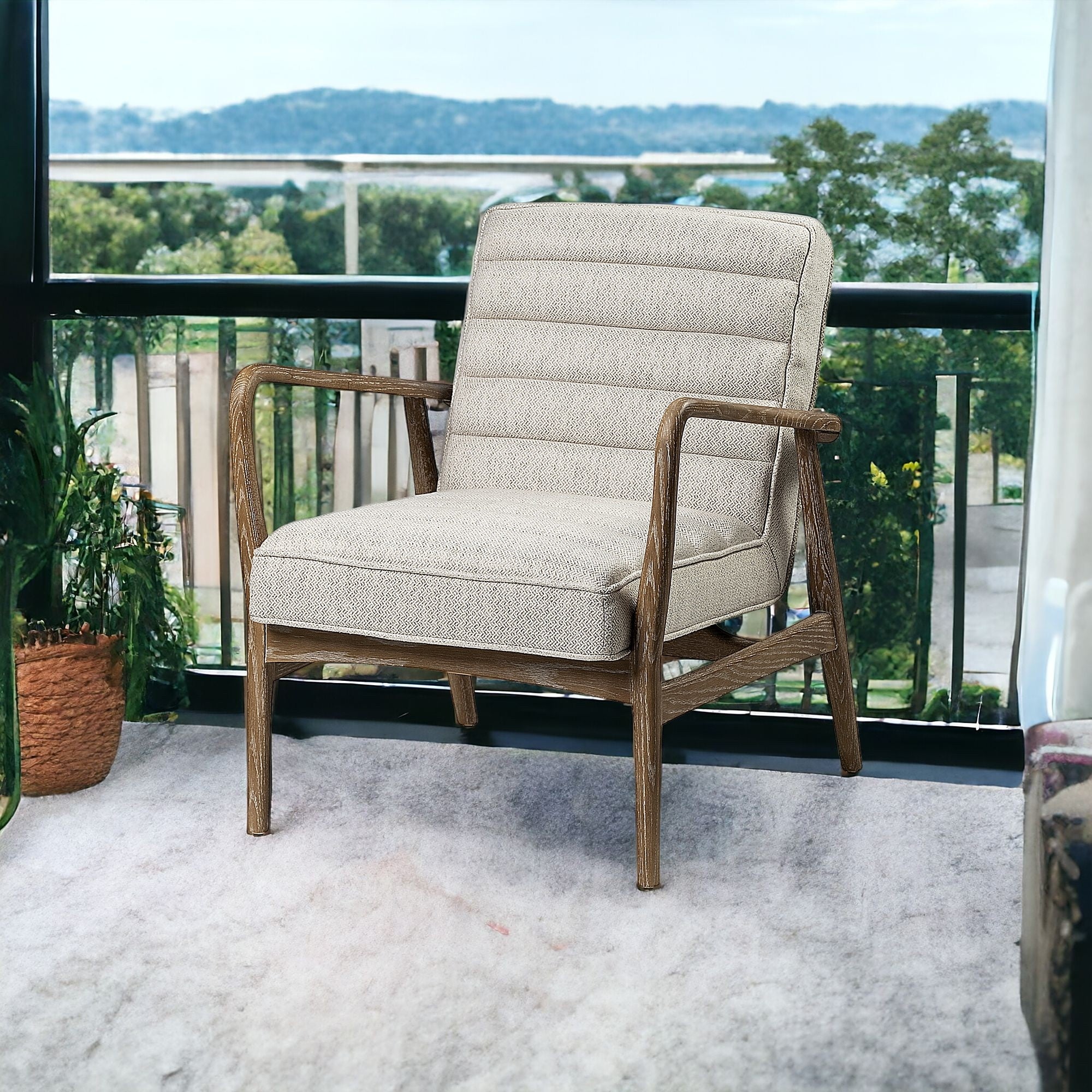 Cream Fabric Wrapped Medium Brown Accent Chair With Wooden Frame