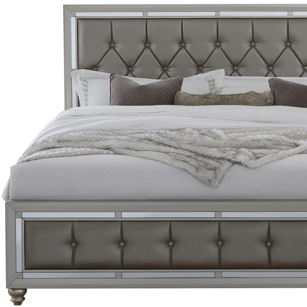 Silver Champagne Tone King Bed  Padded Headboard  Padded Footboard  Mirror Trim Accents