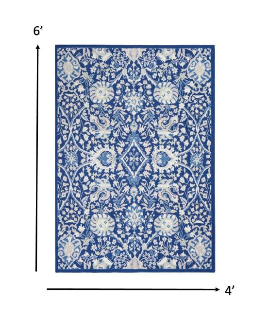 4' X 6' Navy Blue Floral Dhurrie Area Rug