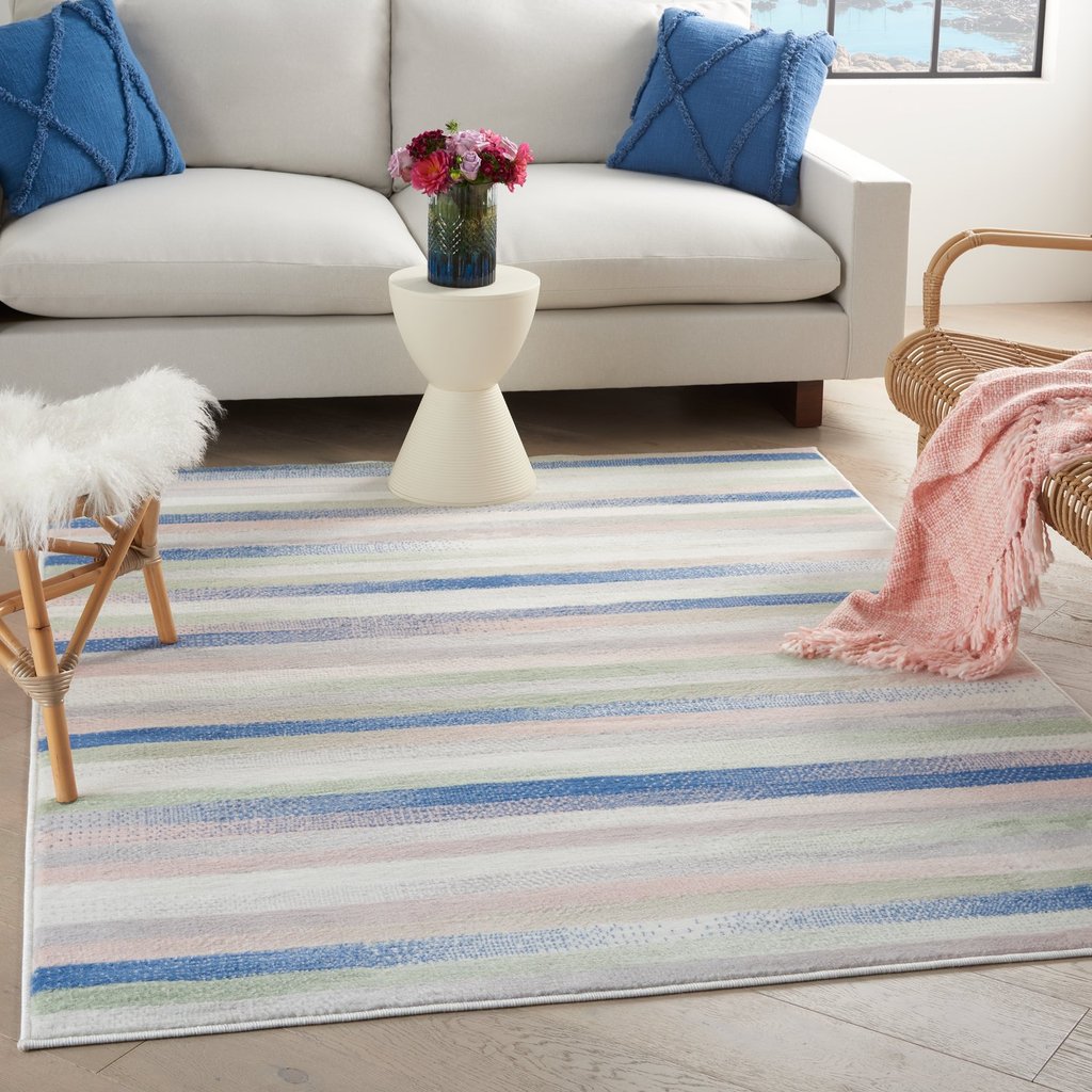 4' X 6' Ivory Blue And Green Striped Distressed Area Rug