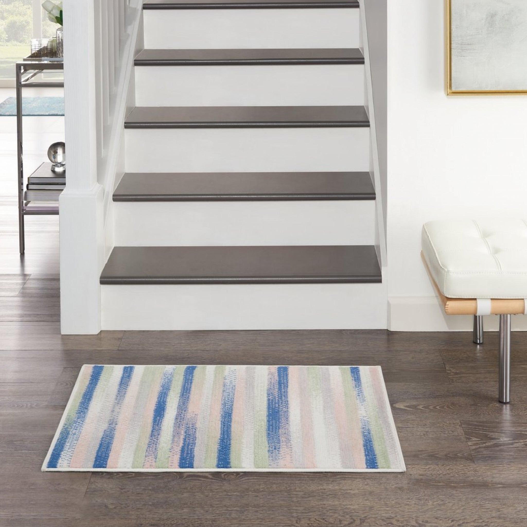 4' X 6' Ivory Blue And Green Striped Distressed Area Rug