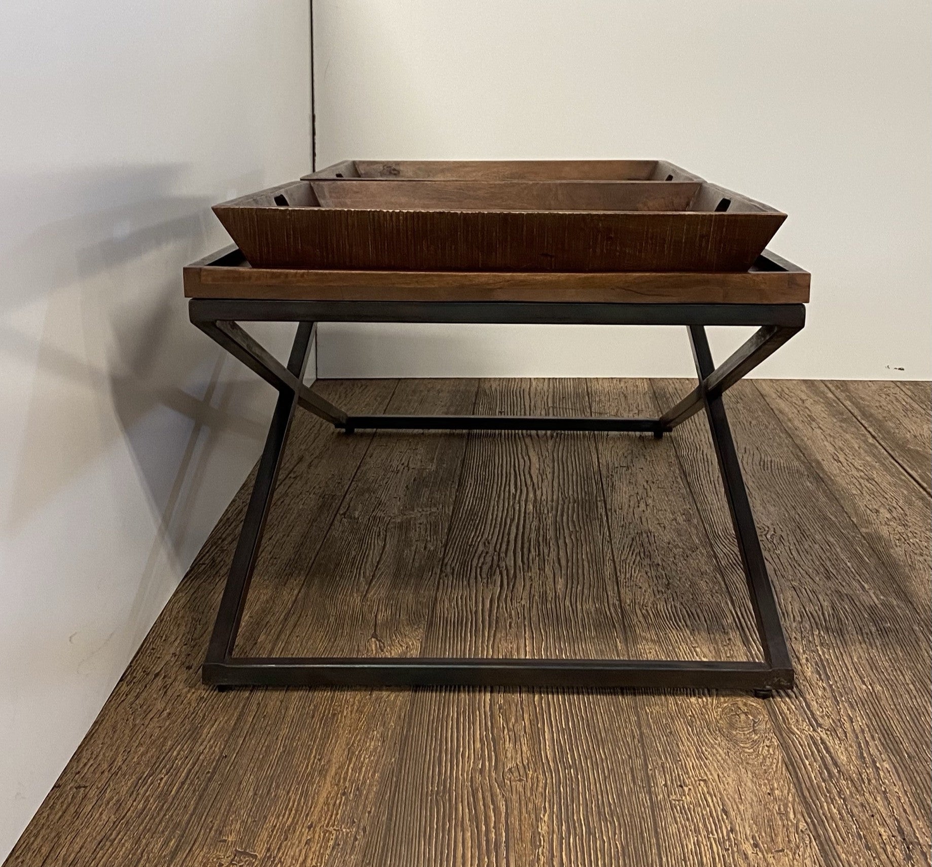 Modern Black Iron X Leg Wood Tray Coffee Table