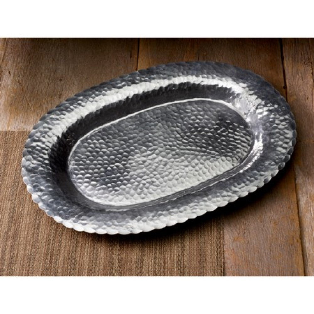 13" Silver Oval Stainless Steel Hammered Serving Tray