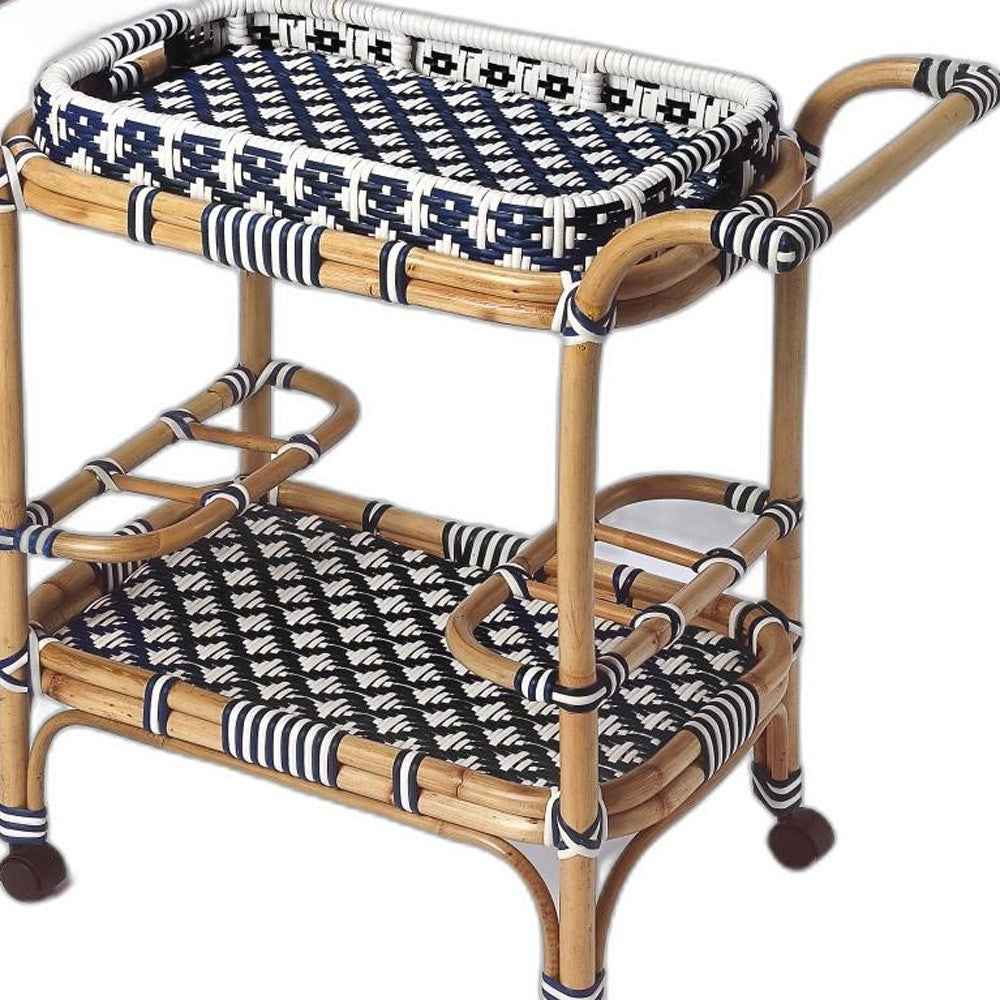 Blue And White Rattan Bar Cart