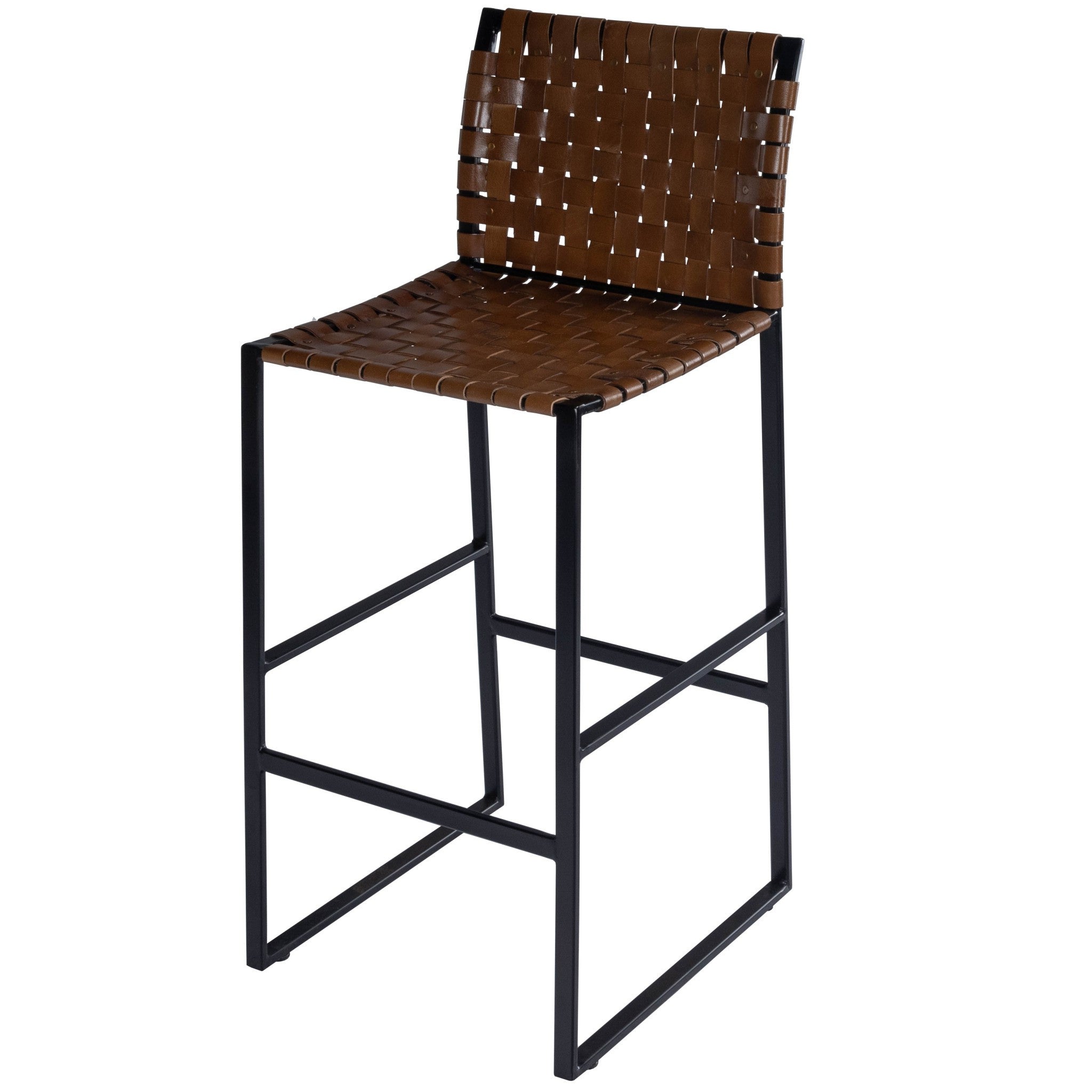 28" Brown and Black Leather and Iron Bar Chair