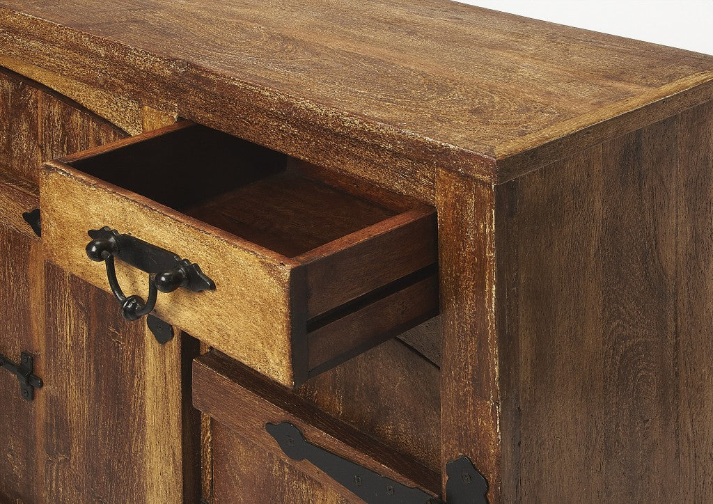 60" Brown Solid Wood Two Drawer Sideboard with Four Doors