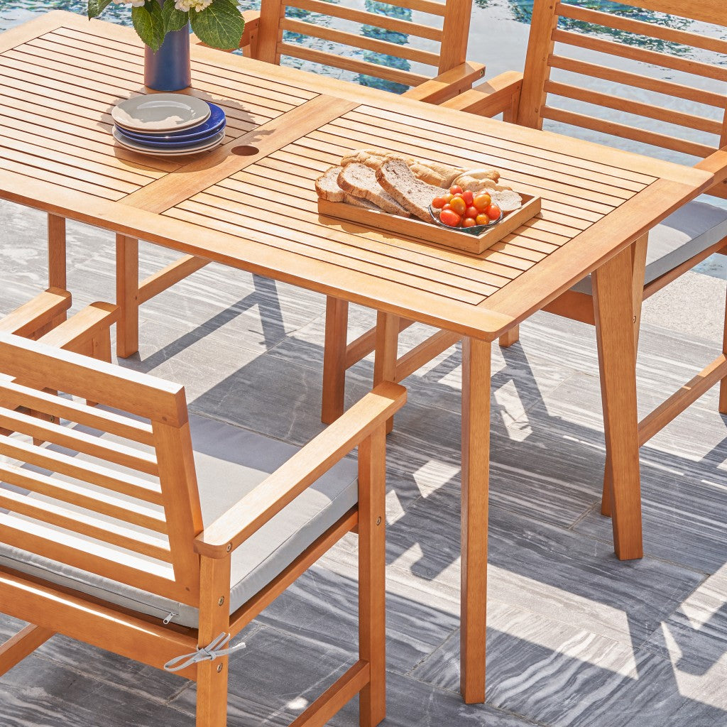 59" Natural Eucalyptus Slat Wood Splay Outdoor Dining Table With Umbrella Hole