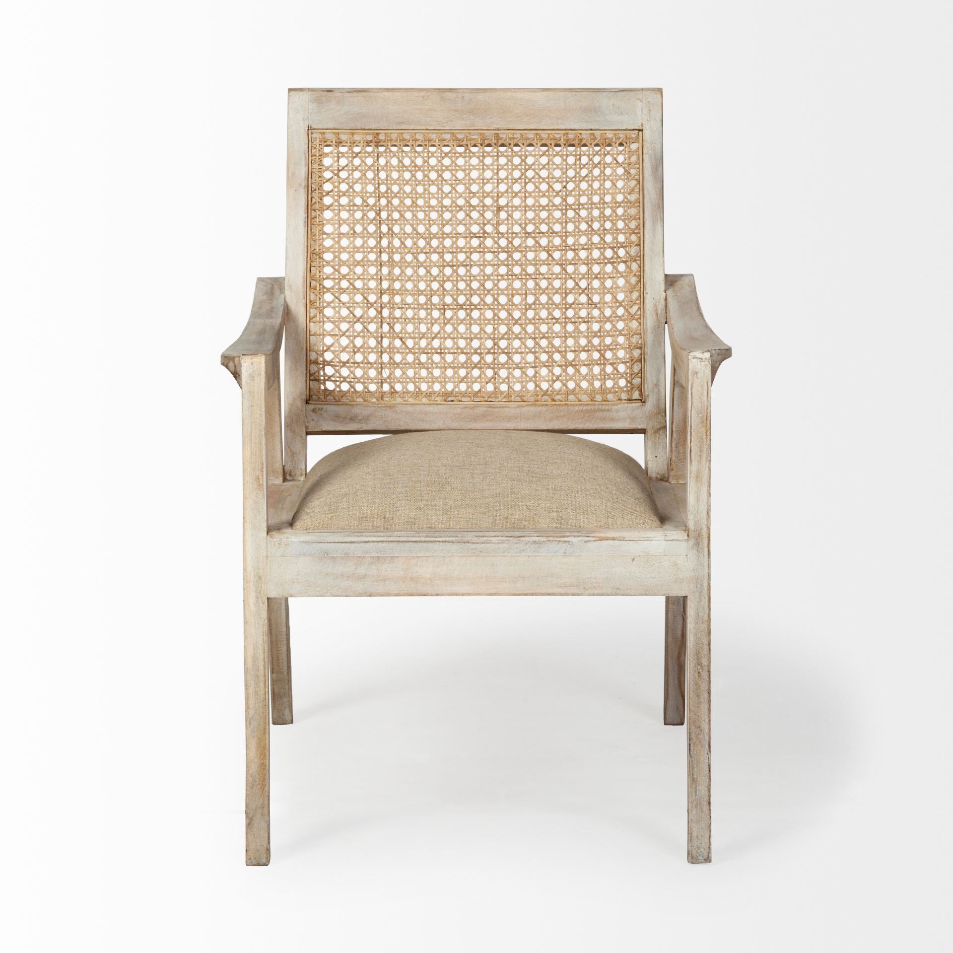 28" Cream And Natural Fabric Distressed Arm Chair