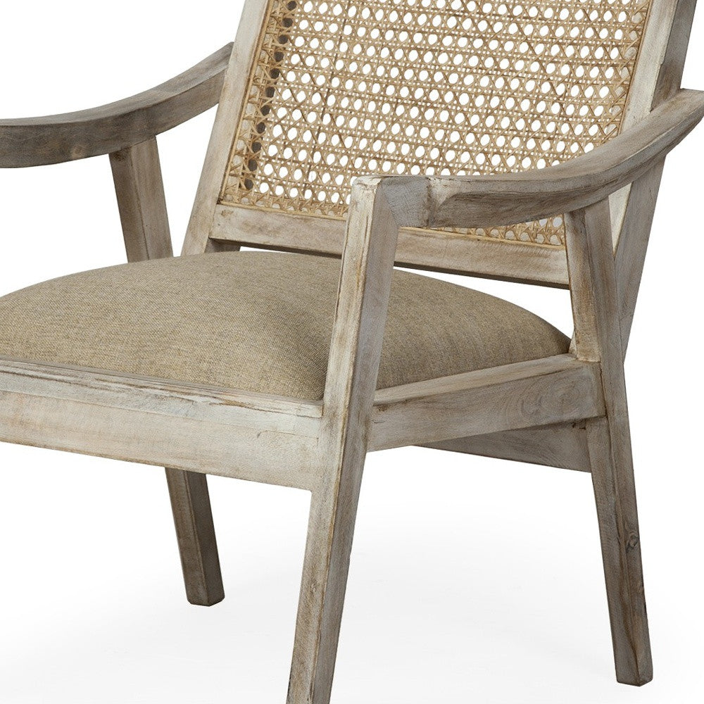 28" Cream And Natural Fabric Distressed Arm Chair