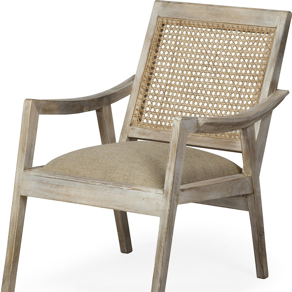 28" Cream And Natural Fabric Distressed Arm Chair