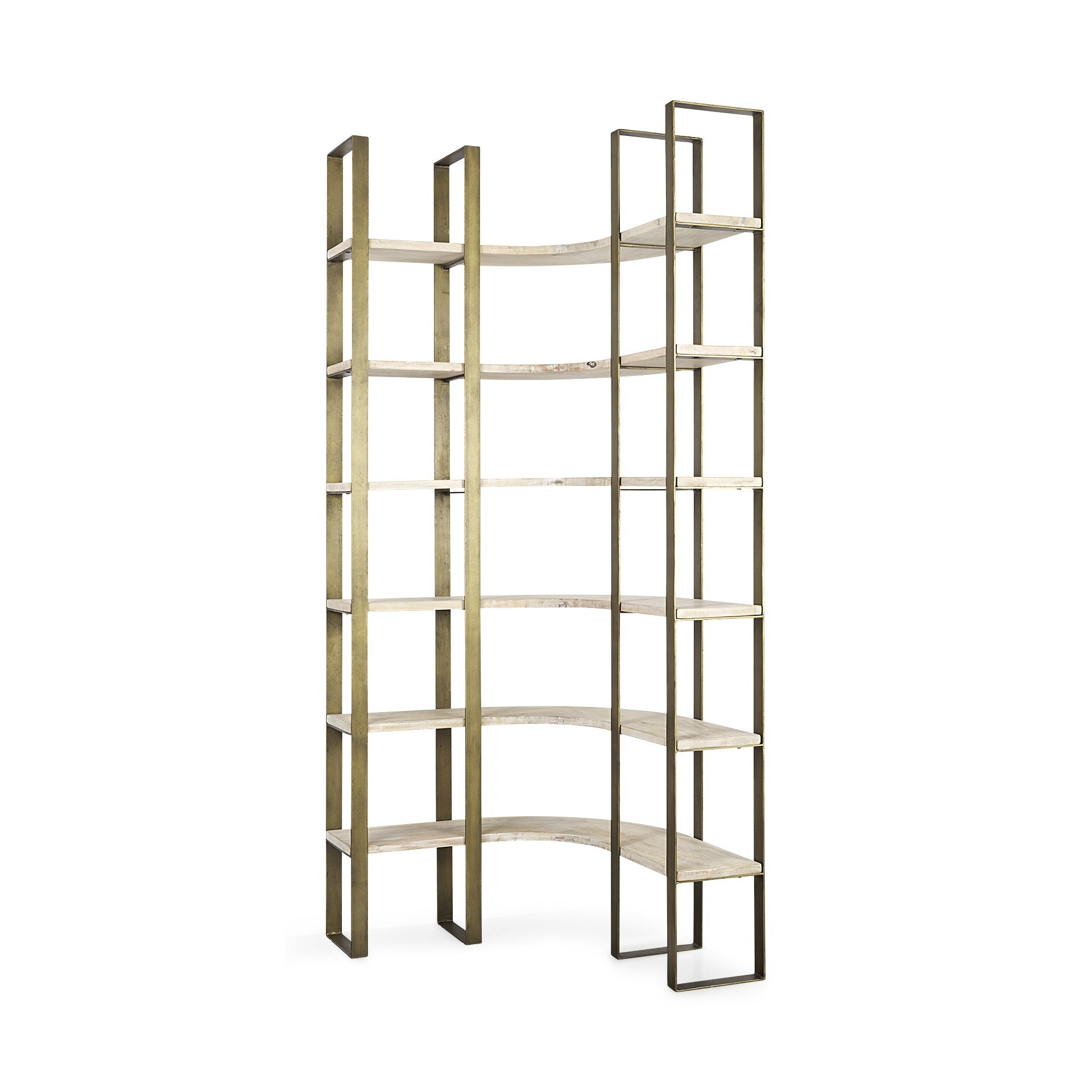 90" Natural and Gold Iron and Solid Wood Curved Six Tier Corner Bookcase