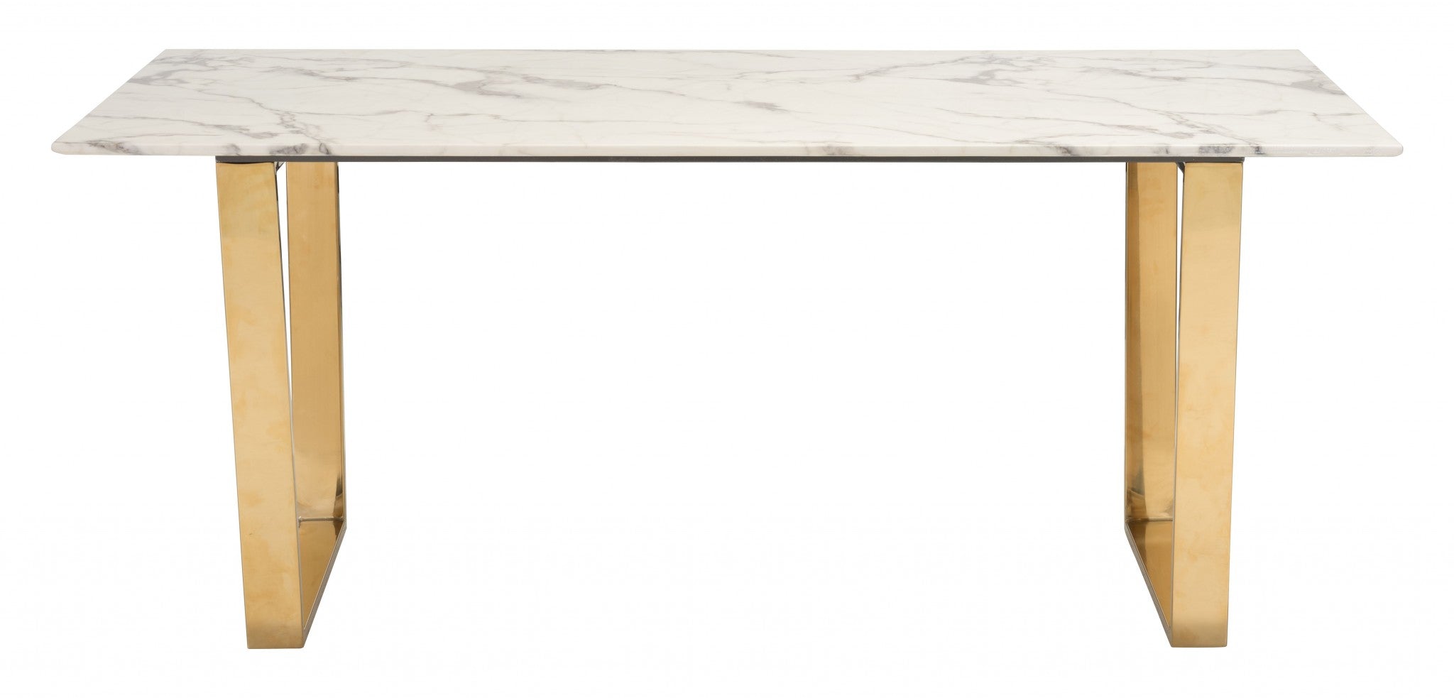 71" White And Gold Faux Marble And Steel Sled Base Dining Table