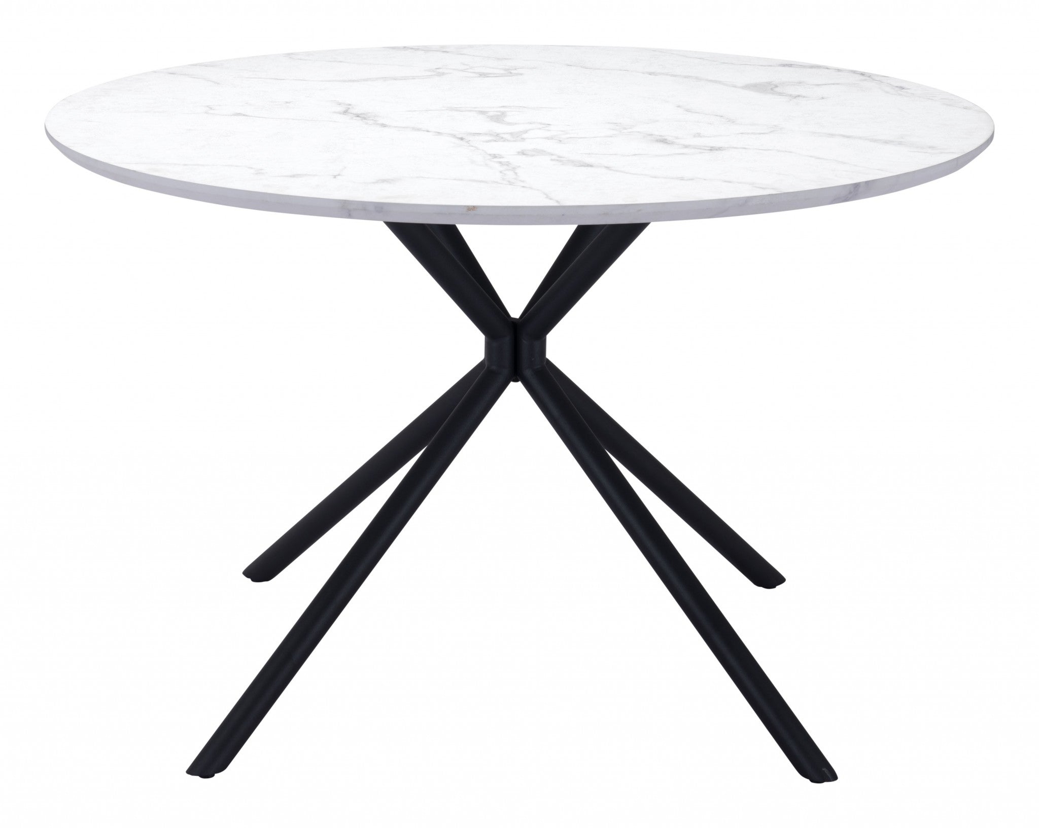 47" White Faux Marble Print And Black Round Dining Table